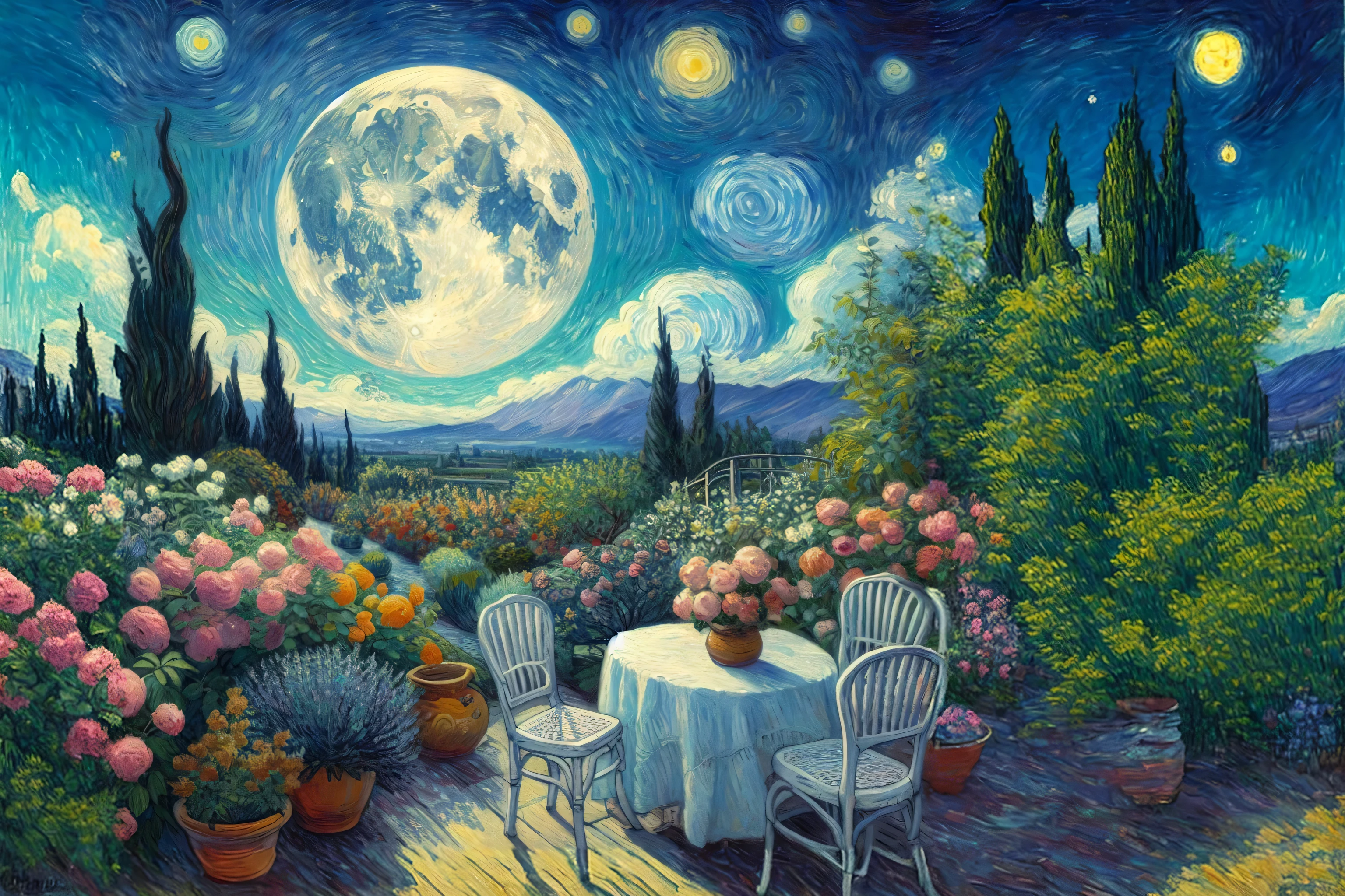 full moon from the garden. beautiful sky. Van Gogh Painting style. Oil Canvas.