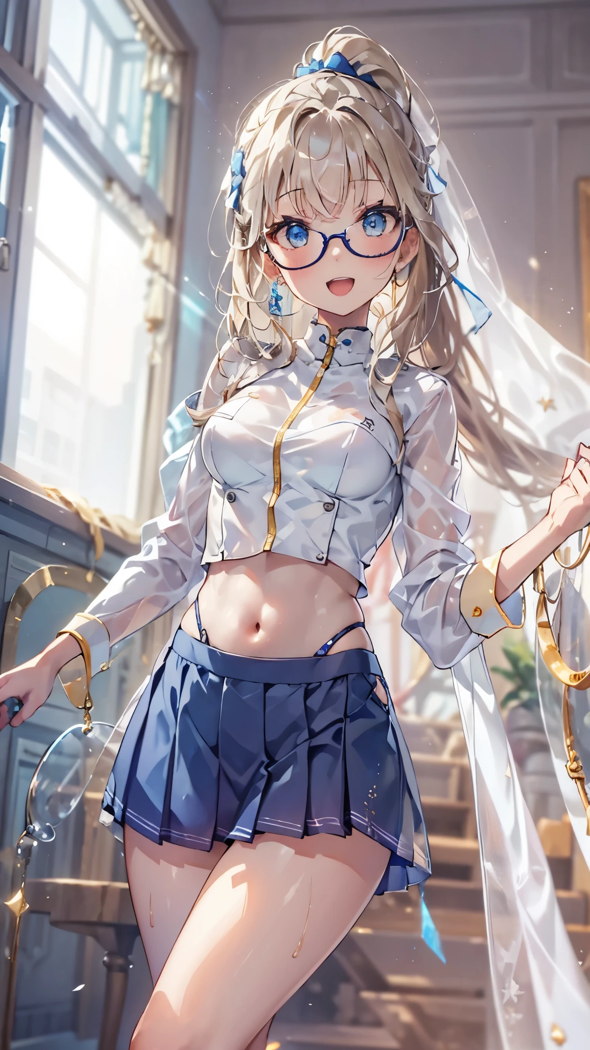 woman,,Research room(((white and blue tight miniskirt bodysuit))),,open mouth smile((See-through))glasses,((beautiful long ponytail)),((Baby girl bohape))((blonde))