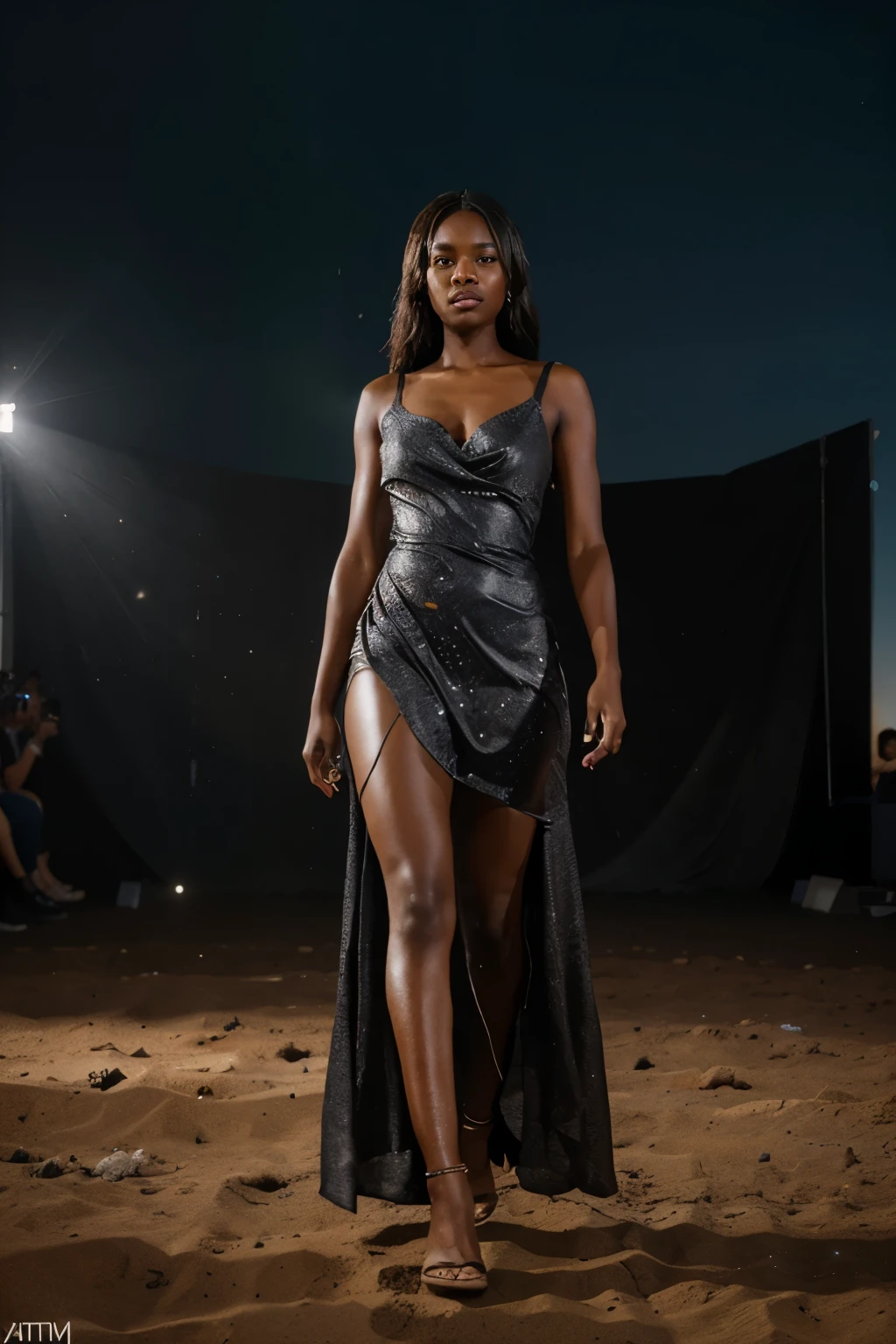 Full body shot of a Black melanin woman model wearing a brown long African designed dress, dust particles falling from the sky, modelling on a runway in an empty space surrounded by desert, crowd cheering her, dark scene with flouresent long bulbs surrounding the area providing light in the scene, creating a light blue and white colour grading, cinematic scene, artgerm style, 32k, ultra HD, unreal engine rendered, hyper-realistic image