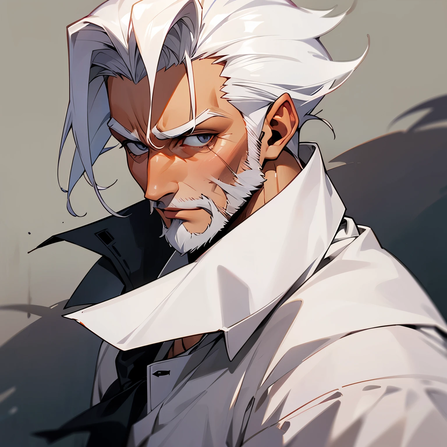 Handsome middle aged man, tanned skin, grey eyes, a scar on his right eye, white hair in a slick back style with some strands fall over his face, white beard, wears a black button up shirt, sleeves rolled up
