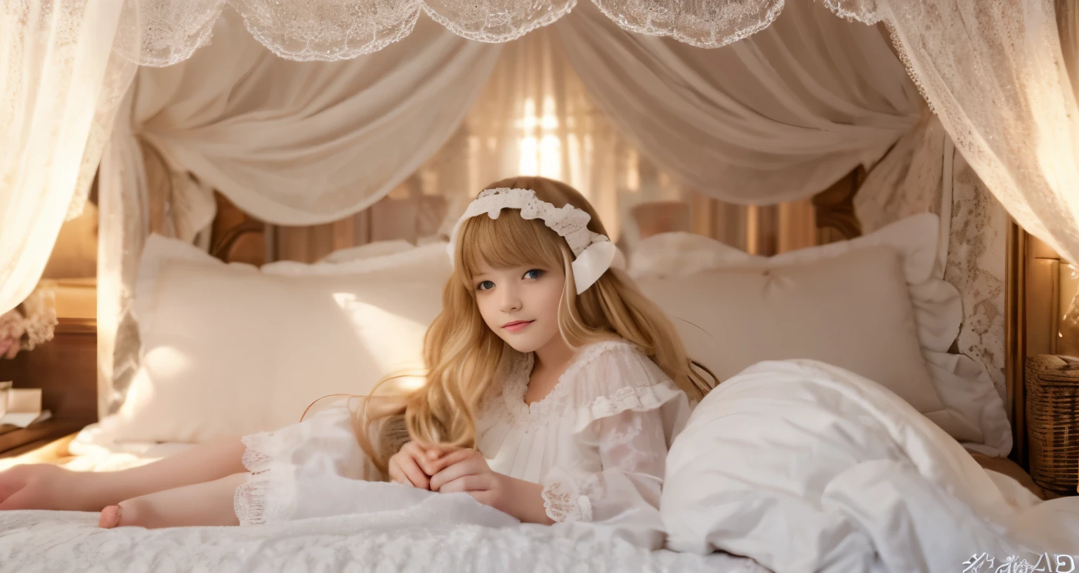 ,highest quality, masterpiece, highest resolution, artwork, super それにget used to it, many get used to it, get used to it, それにget used to it, 3K realistic photos,,((10 year old girl)),Super detailed young girl's face, Beautiful girl illustration,detailed beautiful face detailed hair,detailed human eye ,detailed mouth, arm details,detailed hands, Super detailed young girl's face, Beautiful girl illustration,detailed beautiful face detailed hair,detailed human eye ,detailed mouth, arm details,detailed hands, european,(((Blonde with super long rolls))),blue eyes,pajamas,night wear,((((white nightgown)))),((フリルとリボンが沢山付いたwhite nightgown)),((1920 style nightgowns)),wearing a nightcap,((Nightcap with frills and ribbon)),victorian nightgowns,Yoke collar with ruffles and ribbons,Long sleeves with ruffles,Long skirt up to the ankle,((The whole body is reflected)),white ruffle and lace socks,Wearing slippers with frills and ribbons,Pillow with large frills and ribbons,detailed costume,Detailed pillow, is sitting on the bed,on a luxurious canopy bed,(((four poster bed with canopy))),(((Luxurious curtains on both sides and behind the bed))),many frilly pillows on the bed,super detailed background,Detailed bed,romantic atmosphere,The lower half of the body is hidden under the futon,
