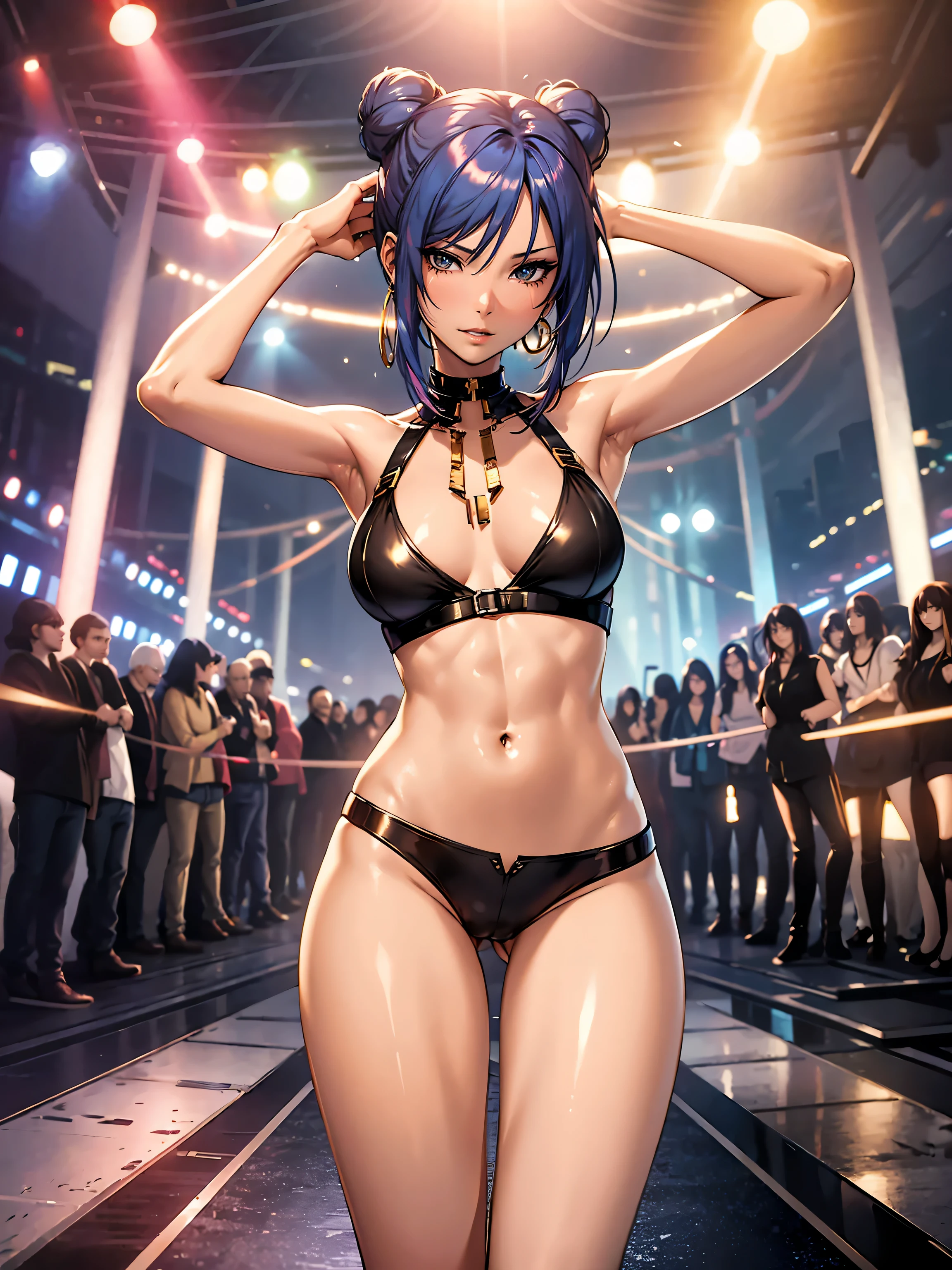 1girl,a beautiful fashion model ,(masterpiece, official art, best quality) (perfect eyes) , short and shiny dark blue hair, black streaks in hair, full lips, cute nose, medium , , elegant makeup, exhibitionism,  slim thighs, toned body, shiny skin, sexy pose,,(( (slender, skinny, slim))), gold hoop earrings, eyeshadow, cute face, embarrassed, coy, surprised, blush, glittery skin,, skinny thighs, narrow hips, slutty top, abs, toned stomach, chloe price, buns hairstyle