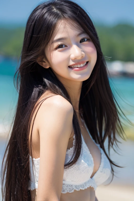 Black eyes, long black hair, smooth skin, seaside, smiling, beautiful girl, upper body, high image quality, high definition