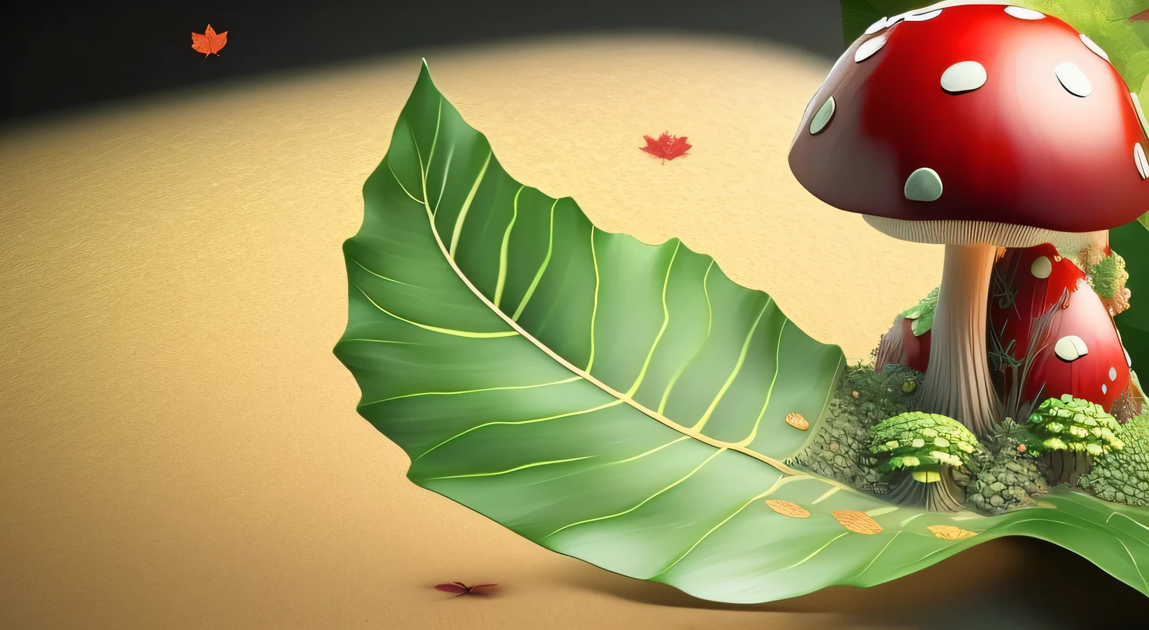Red mushrooms，There are white spots, A green leaf in the background, High-quality screenshots capture the vivid colors and intricate details of the scene, Featuring oversized leaves and a large dragonfly, Animation stills from fantasy movies，Depicts lush and delicate foliage, Glossy organic surface on mushrooms, Detailed screenshot showing textures and patterns on leaves, Leaf traps waiting to catch unsuspecting insects, extremely complex leaf structure, Screenshot of a stunning 8K 3D rendered cave made entirely of leaves.