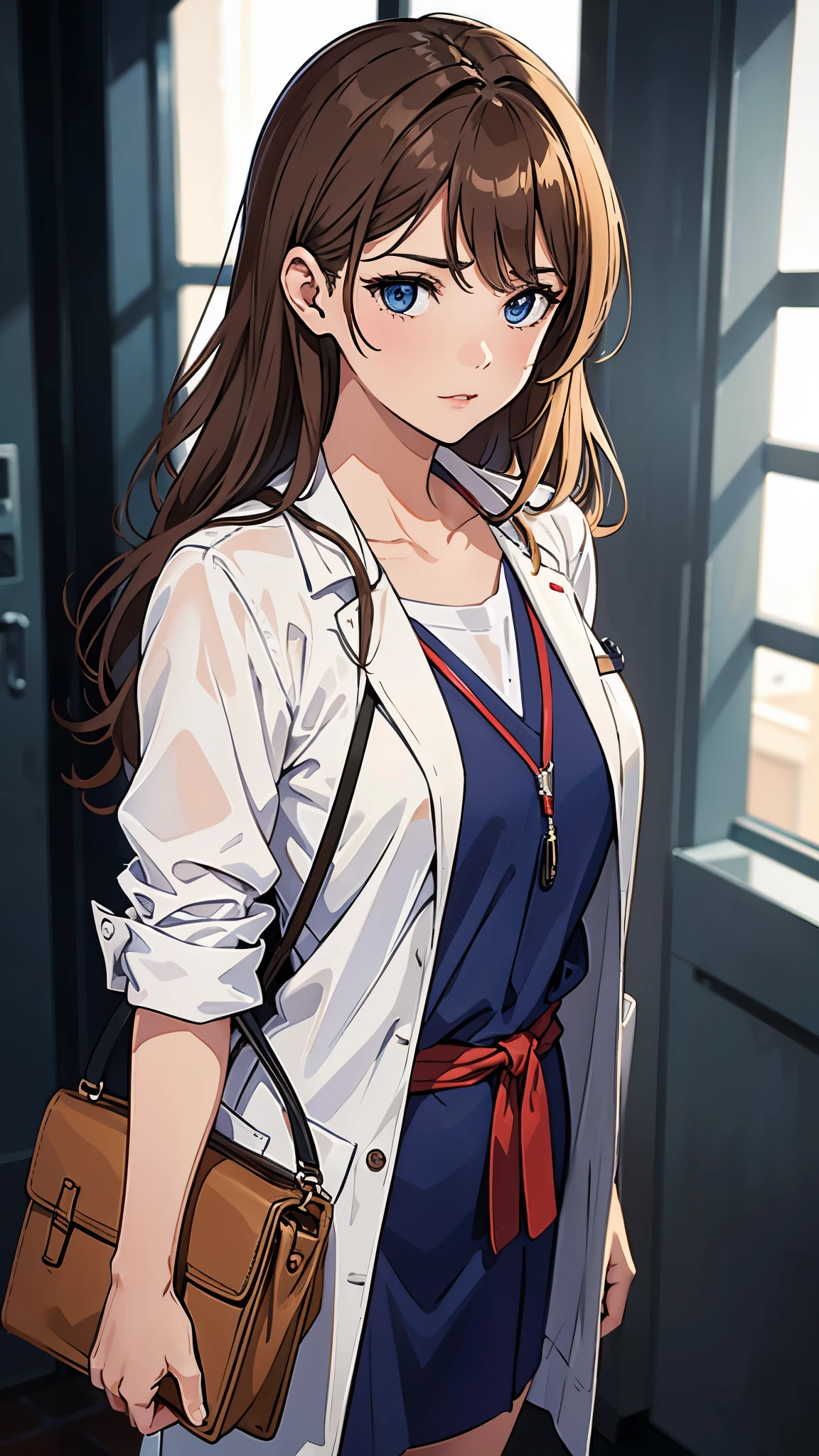 (solo) (adulto) (30 years) (mature woman),(light brown and wavy hair),(Looking at the viewer) (anime) (dinamyc pose) (illustration) (HD) (beautiful face) (Blue eyes), (hospital background), (dressed as a doctor) (doctor uniform)(Stethoscope), (tidy and combed hair). (Enhanced light) (perfect shadows) (without hat)(HD detailed face) (Lips painted red), (blush) (angry) 4k