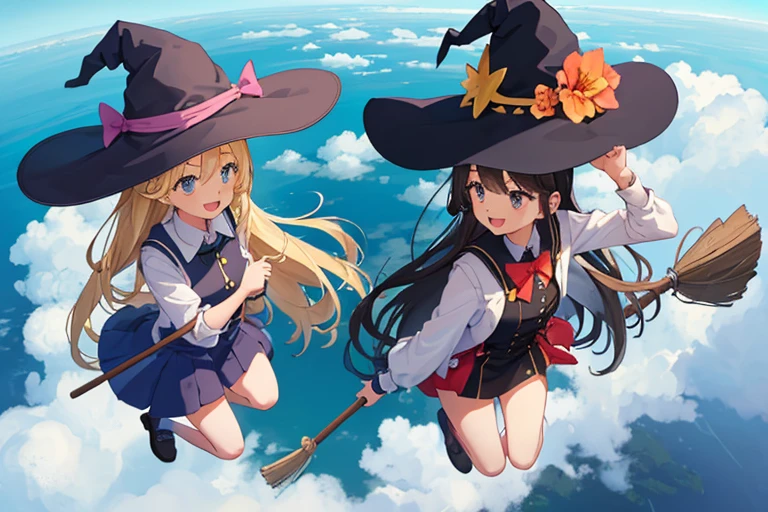 2 girls,long hair,one side up, flight, above the clouds,witch hat, broom riding, broom,competion