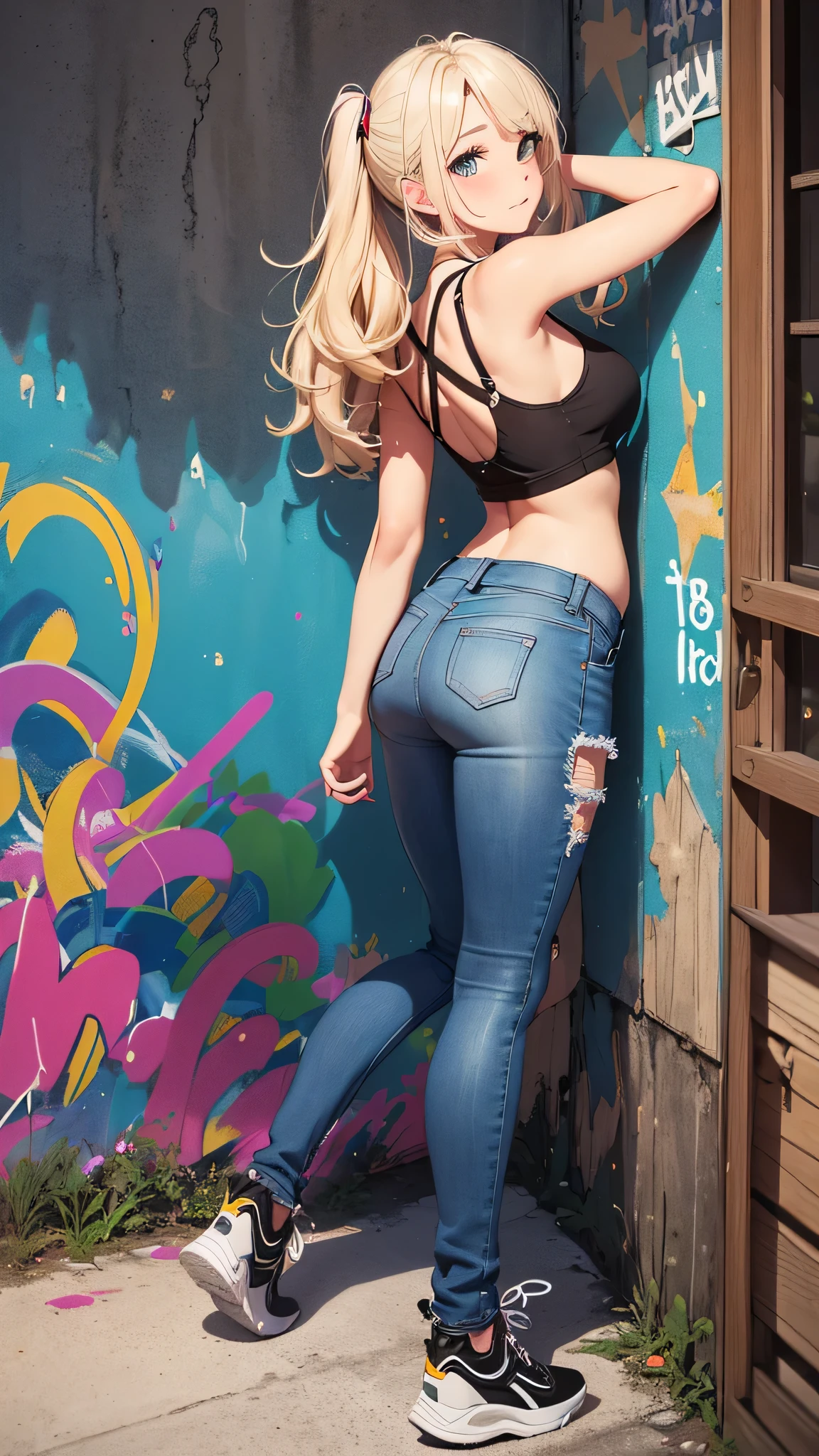 最high quality、best image quality、masterpiece、age girl((18-year-old、 By becoming、vest bust、medium bust,wide open breast tea、black eye, blonde hair、Habitual hair、long hair、thin,highest valley、navel black tank top、blue shorts、Holding a spray can、smug face、leaning forward、paint跡、Black leather jeans、Rear view、wallに寄りかかる、sexy pose)),high quality、beautiful art、background((Bright city、wall、graffiti、paint、Hawaii、Waikiki))debris flies、Depth of written boundary、movie、visual art、perfect art、8K,genuine