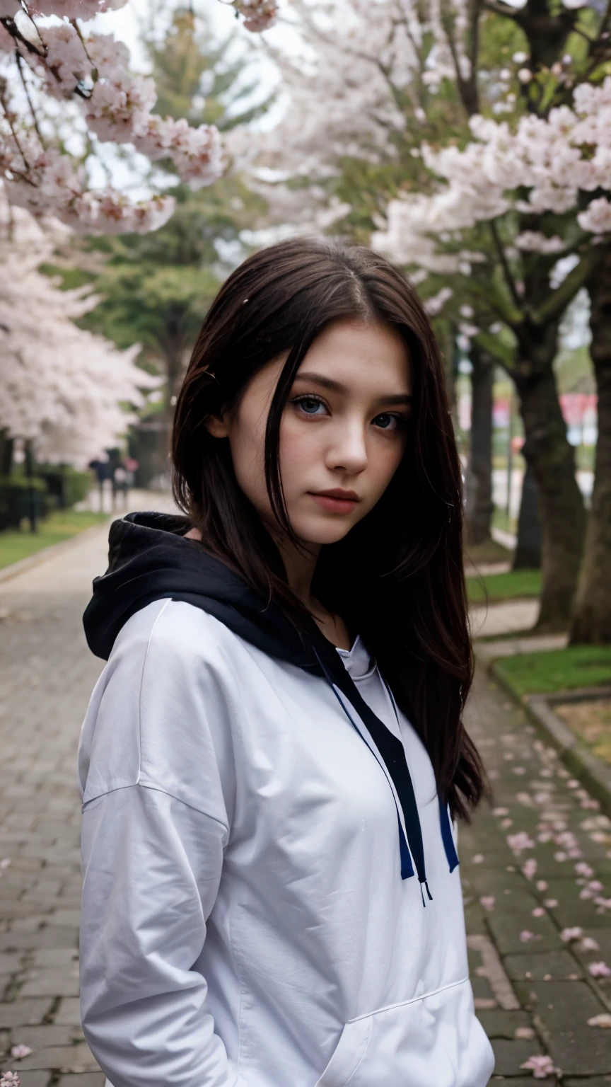 Imagen, photography of a 21 year old euroasia woman is hiding behind cherry blossom, wearing a black hoodie jacket, pale skin, blue eyes, analog camera Nikon D850 f/8, high detailed,