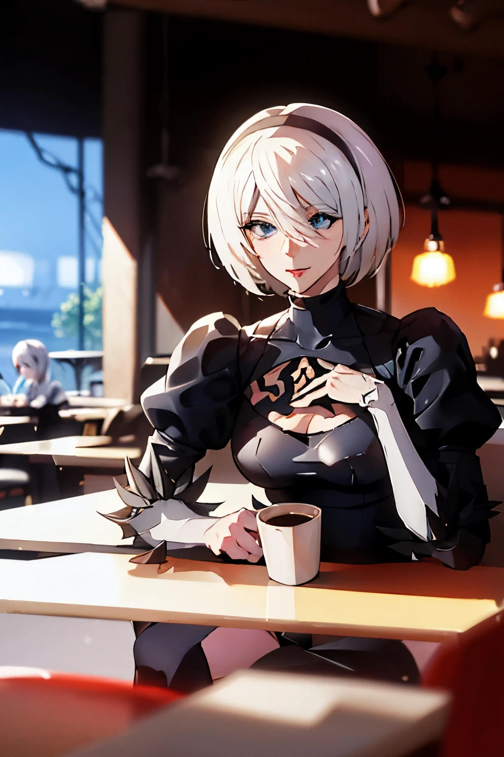 2B. White hair. Blue eyes. smilling. Beautyful. Wearing a black dress.  She is drinking a coffee. She is in a restaurant. Behind a red table. It"s nigth