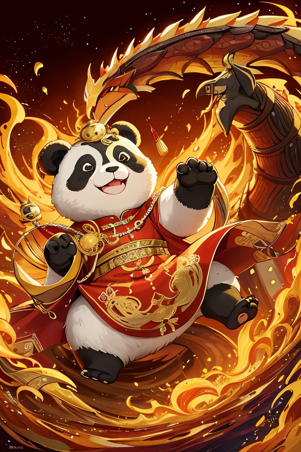 A joyful panda, dressed in vibrant traditional Chinese clothing, exudes a dynamic and elegant demeanor as it proudly stands against the backdrop of a majestic, fire-breathing dragon. The panda's happy expression shines brightly, adding a touch of joy and prosperity to the scene. In its arms, it cradles golden ingots with a sense of pride and abundance. The sun sets behind them, casting a warm, golden glow over the entire scene. The intricate details of the panda's traditional attire can be seen in the high-resolution, ultra-detailed image. The dragon, with its scaly, textured skin and fiery eyes, is