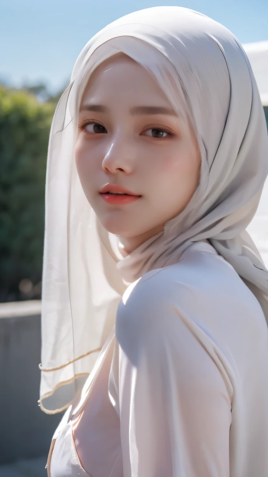 ((Best quality, 8k, Masterpiece :1.37)), (wear hijab girls), beautiful face, face bukkake, 18 years old girls, hair black, ultra detailed face, ultra detailed body, lips smile, Beautiful detailed eyes, eyes korean, detailed nose, Natural Lip, (Lip Smile), face smile, Wear hijab moslem, fancy jubba thobbe, photo full body, view of the blue sky, (Undressing), small breasts, epic realistic face, backround people hijab 