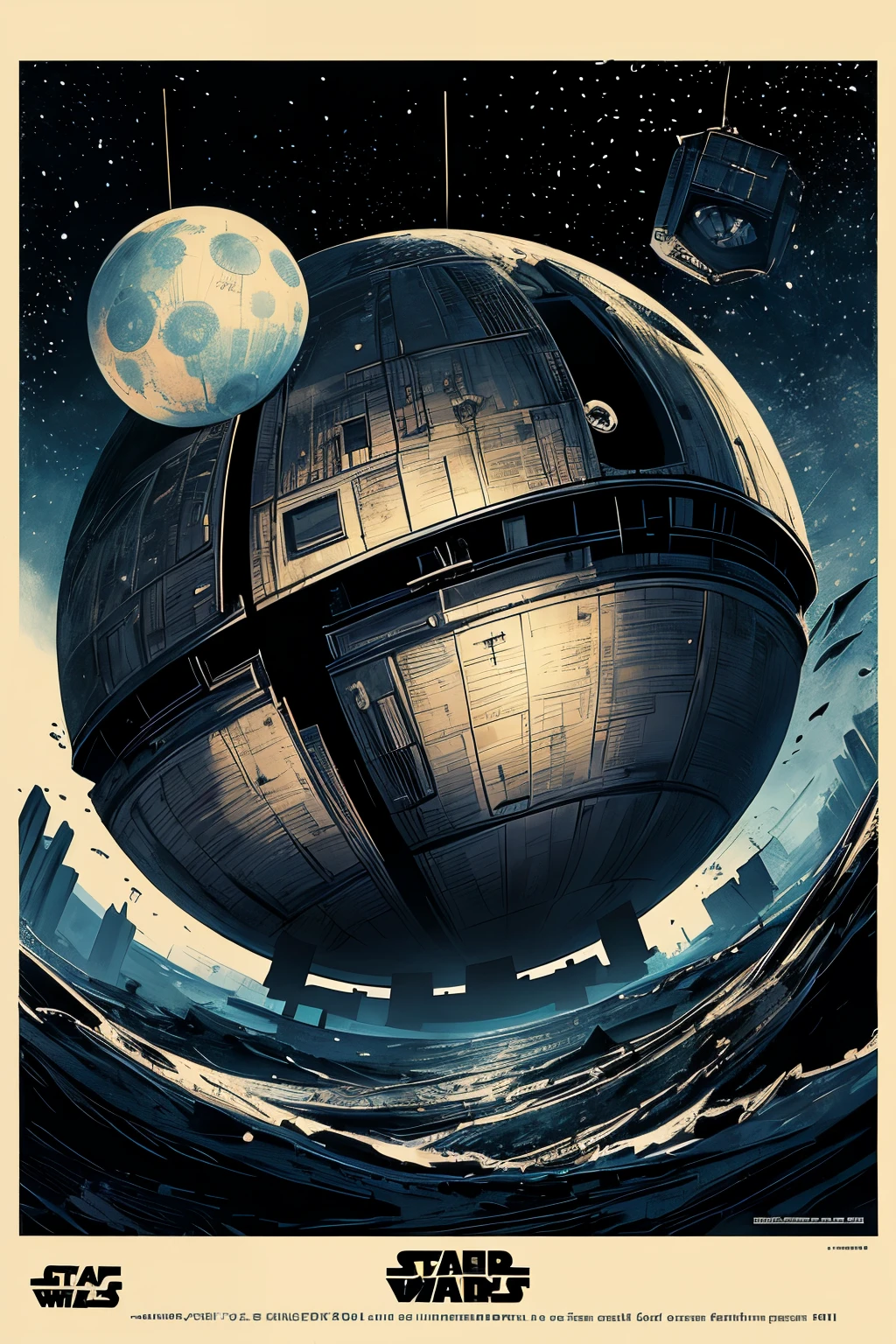 (obra maestra, Mejor calidad), Fondo de pantalla 8K, muy detallado, poster, Death star from star wars, 1960, Aleman Expressionist, horror thriller cinematic movie poster,