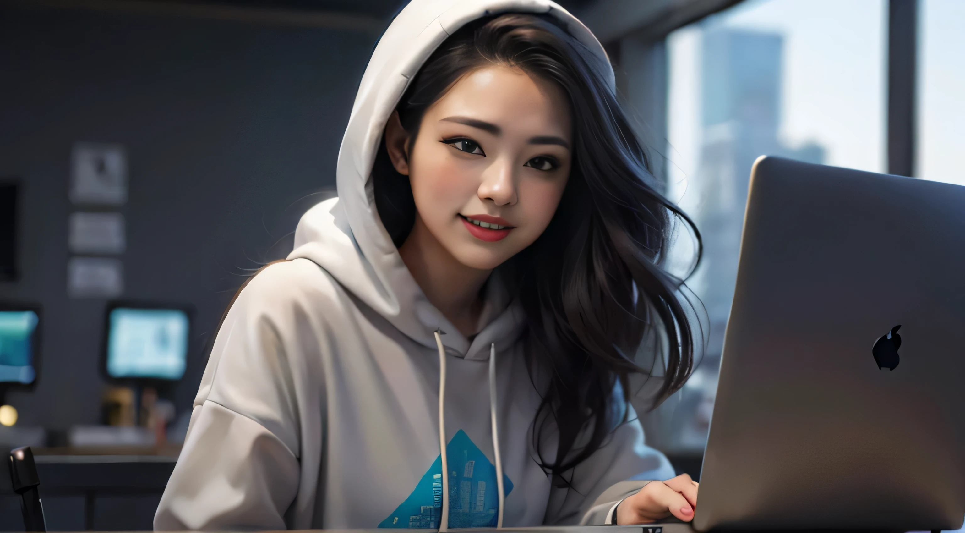 arafed woman in a hoodie using a laptop computer, ross tran 8 k, adorable digital painting, realistic cute girl painting, artgerm and atey ghailan, cute digital art, ig model | artgerm, beautiful digital artwork, realistic digital illustration, girl wearing hoodie, artwork in the style of guweiz, kawaii realistic portrait