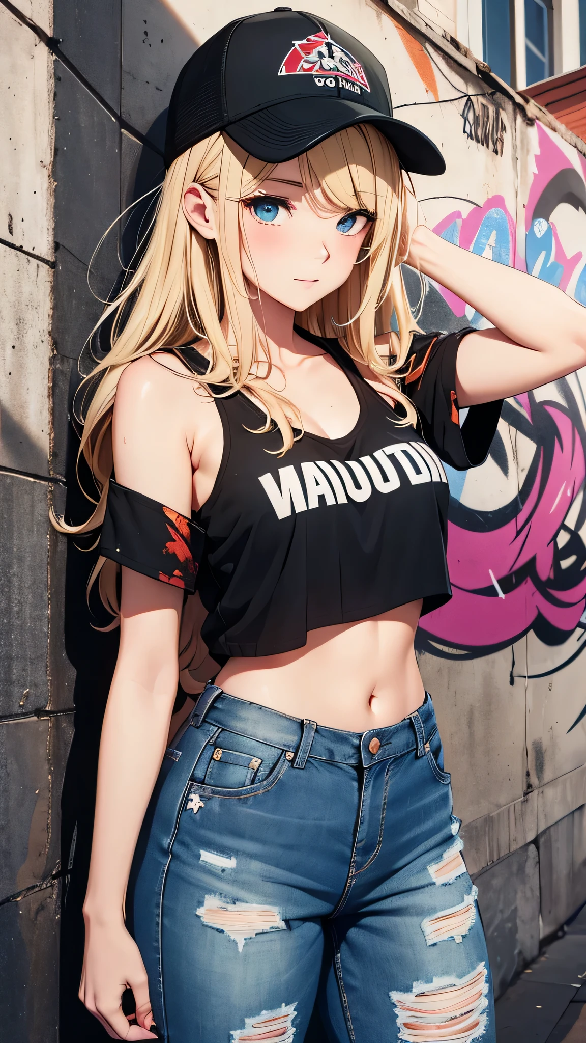 最high quality、best image quality、masterpiece、teenage girl((18-year-old、 By becoming、vest bust、medium bust,wide open breast tea、black eye, blonde hair、Habitual hair、long hair、thin,highest valley、navel black tank top、blue shorts、Holding a spray can、smug face、leaning forward、paint跡、Black leather jeans)),high quality、beautiful art、background((Bright city、wall、graffiti、paint、))debris flies、Depth of written boundary、movie、visual art、perfect art、8K,genuine