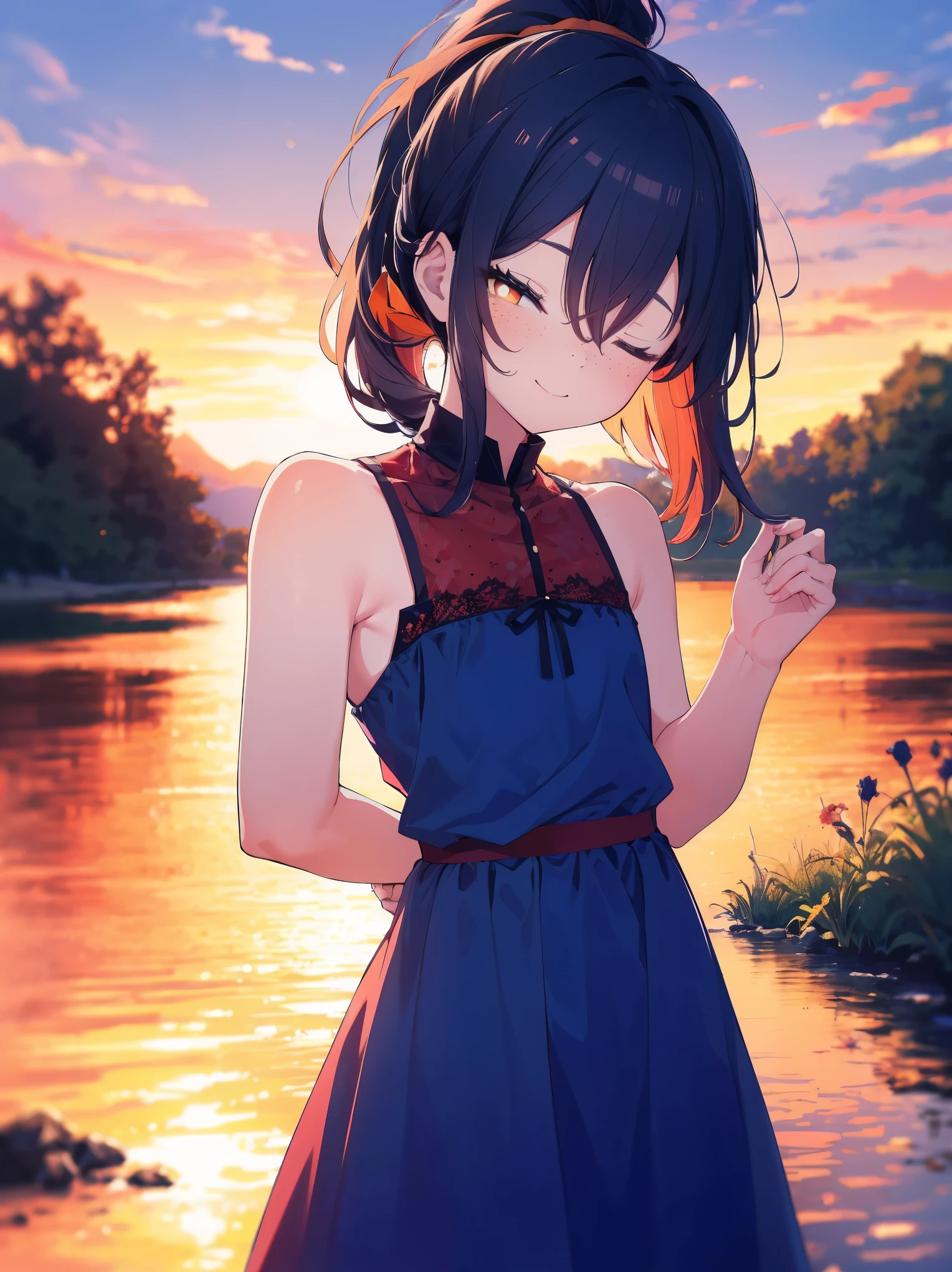 (cowboy shot), (best quality, ultra-high resolution, depth of field:1.2), beautiful face, freckles, (femboy), femenine, 1male, adult, flat , (dark blue hair), ponytail, (orange eyes), bright pupils, (wearing a burgundy summer dress), river scenery, sunset, (eyes closed:1.2), gentle smile, slightly bending forward, facing to the camera