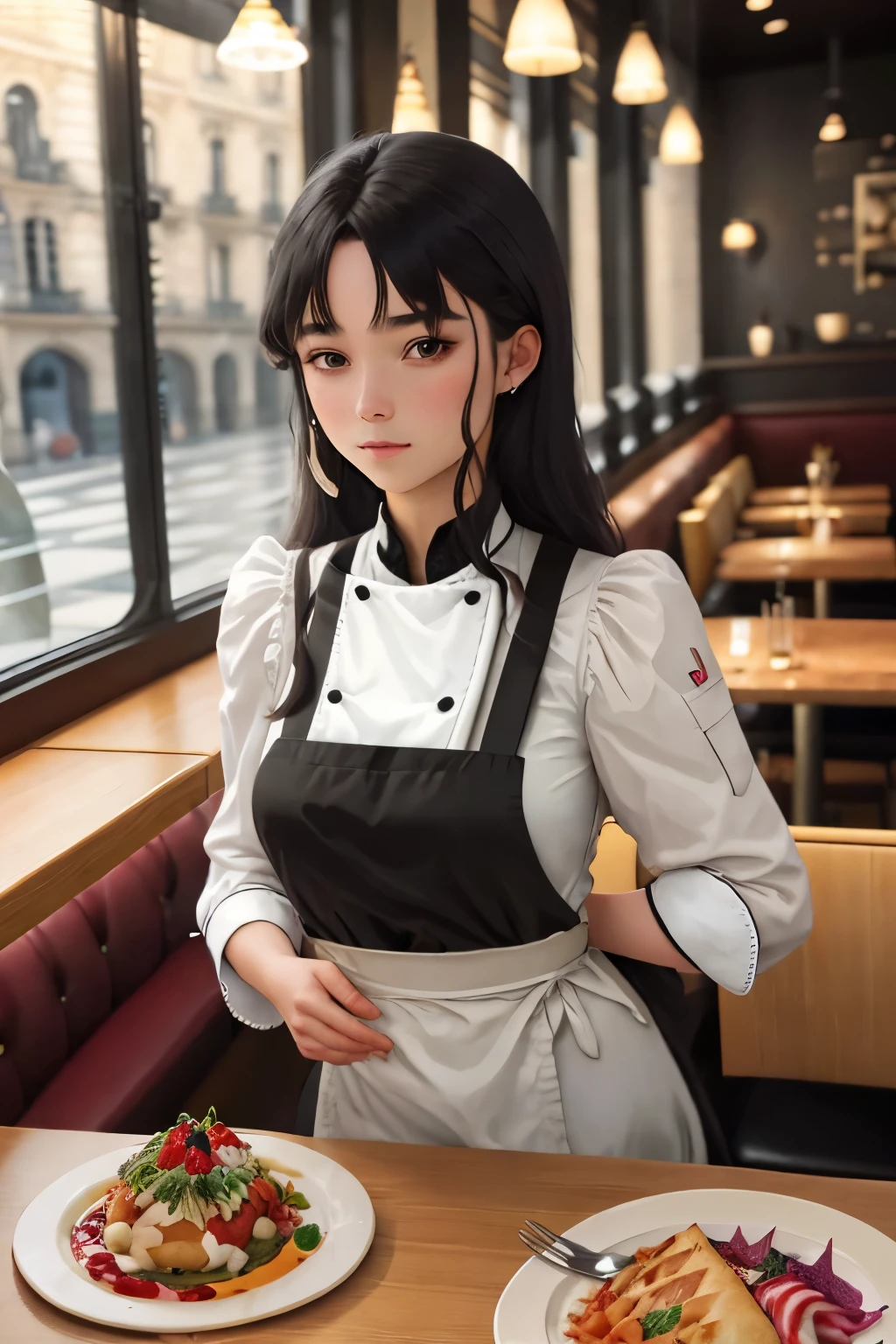 Une fille avec une queue de cheval courte allongée dans la table dans un restaurant vêtue d’un costume formel, œil clair, corps parfait, (Regardez le spectateur:0.8), (pureerosface_V1:0.2), manches détachées, bouche ouverte, frange, 1fille, peau brillante, (chef-d'œuvre;1.0), (photoréaliste:1.4), (Netteté:1.2),