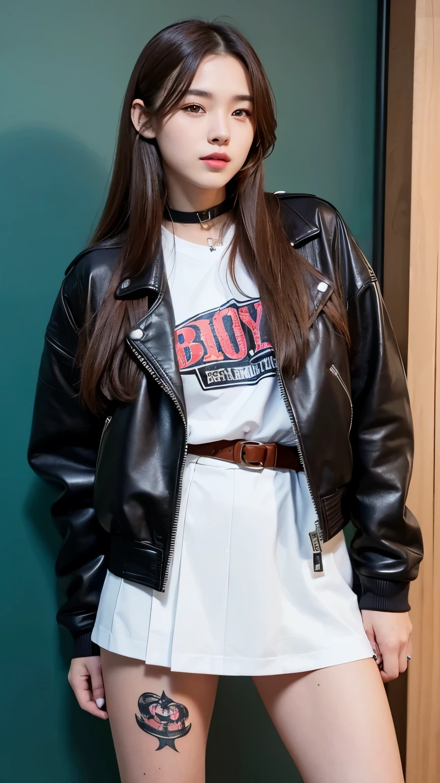 (a)girl,18-year-old,beautiful,piercing brown eyes,long flowing hair(highlights),wearing high school uniform,cornered by a bad boy 19 years-old(bad boys,smirking,bulky build,leather jacket,tattoos,cigarette) (best quality,highres,professional),