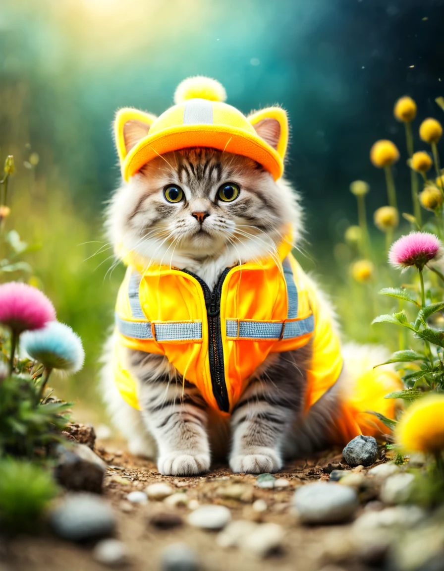 a tilt shift photo . Selective focus, Miniature effects, blurred background, Very detailed, energetic, View control, Natural tilt shot (whimsical艺术气息) , cute extra (fluffy: 1.3) Chubby cat wearing ral-highvis structural hat and jacket, steppe, Small stones, magic, macro photography, (enchanting:1.3), (luminescent:1.2), (Very large flora:1.1), mystery, energetic photography, flashing light, fantastic, whimsical, serene, soft focus, Ultra-detailed digital art, 