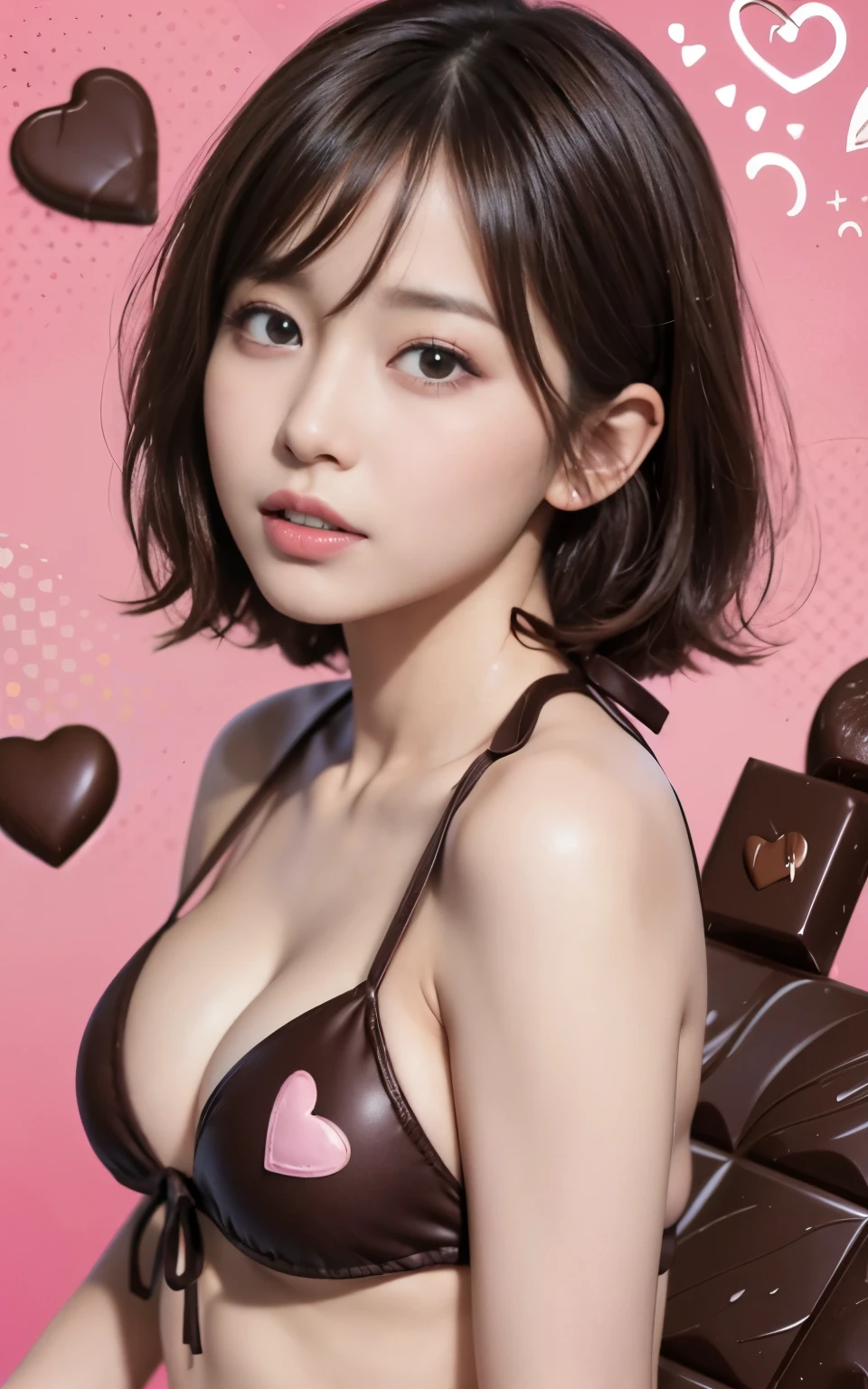 BREAK(Pink and heart-shaped chocolate background:1.6)、(high quality chocolate texture:1.3)、(delicious details)、(Bright colors)、(Attractive texture)、(Modern aesthetics)、(artistic sense)、(creative composition)、(unique concept)、(High quality illustrations)、(Professional artistry)、(Bold contours:1.2)、(captivating gaze)、(Contemporary style)、(Eye-catching design)、(whole body)、BREAK(chocolate bikini:1.5)、double eyelid、Beautiful thin nose、beautiful woman:1.4、(light brown hair、short hair、) 、pure white skin、highest quality、masterpiece、ultra high resolution、nice smile、
