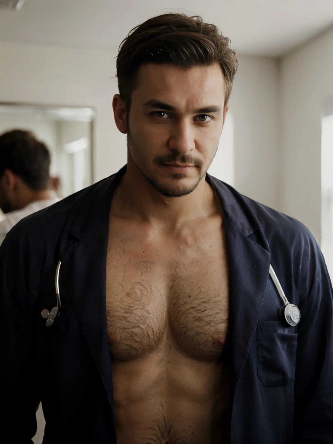 masterpiece, best quality, high resolution, closeup portrait, male focus, solo focus, A man, with doctor clothes, bare chest, body hair, facial hair, goatee, messy short hair, very hairy body , skinny , in the background a doctor office, amazing composition, front view, HDR, ultra quality, elegant, highly detailed, seductive smirk, dominant pose