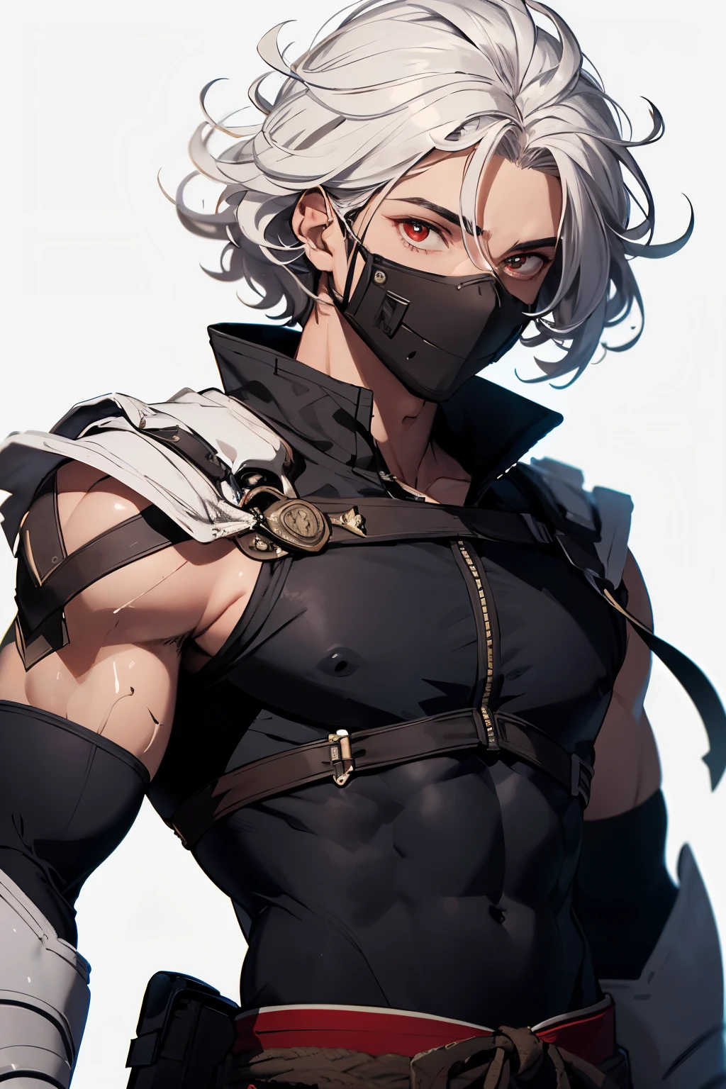 ((Mejor calidad)), ((obra maestra)), (detallado), cara perfecta, 1 male, 15 year old teenage male white, ropa negra shinobi completa, white hair, curly hair, wavy hair, medium hair, black mask, red eyes, light smile, mask, masterpiece, accurate, UHD, super detail, textured skin, award winning, tomoes negros alrededor de pupila, muscular