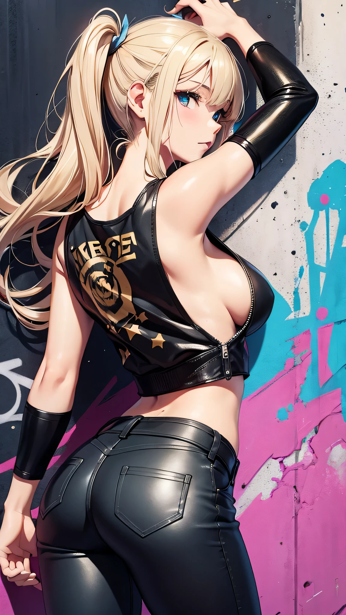 最high quality、best image quality、masterpiece、age girl((18-year-old、 By becoming、vest bust、medium bust,wide open breast tea、black eye, blonde hair、Habitual hair、long hair、thin,highest valley、navel black tank top、blue shorts、Holding a spray can、smug face、leaning forward、paint跡、Black leather jeans、Rear view、lots of accessories、wallに寄りかかる、sexy pose)),high quality、beautiful art、background((Bright city、wall、graffiti、paint、Hawaii、Waikiki))debris flies、Depth of written boundary、movie、visual art、perfect art、8K,genuine
