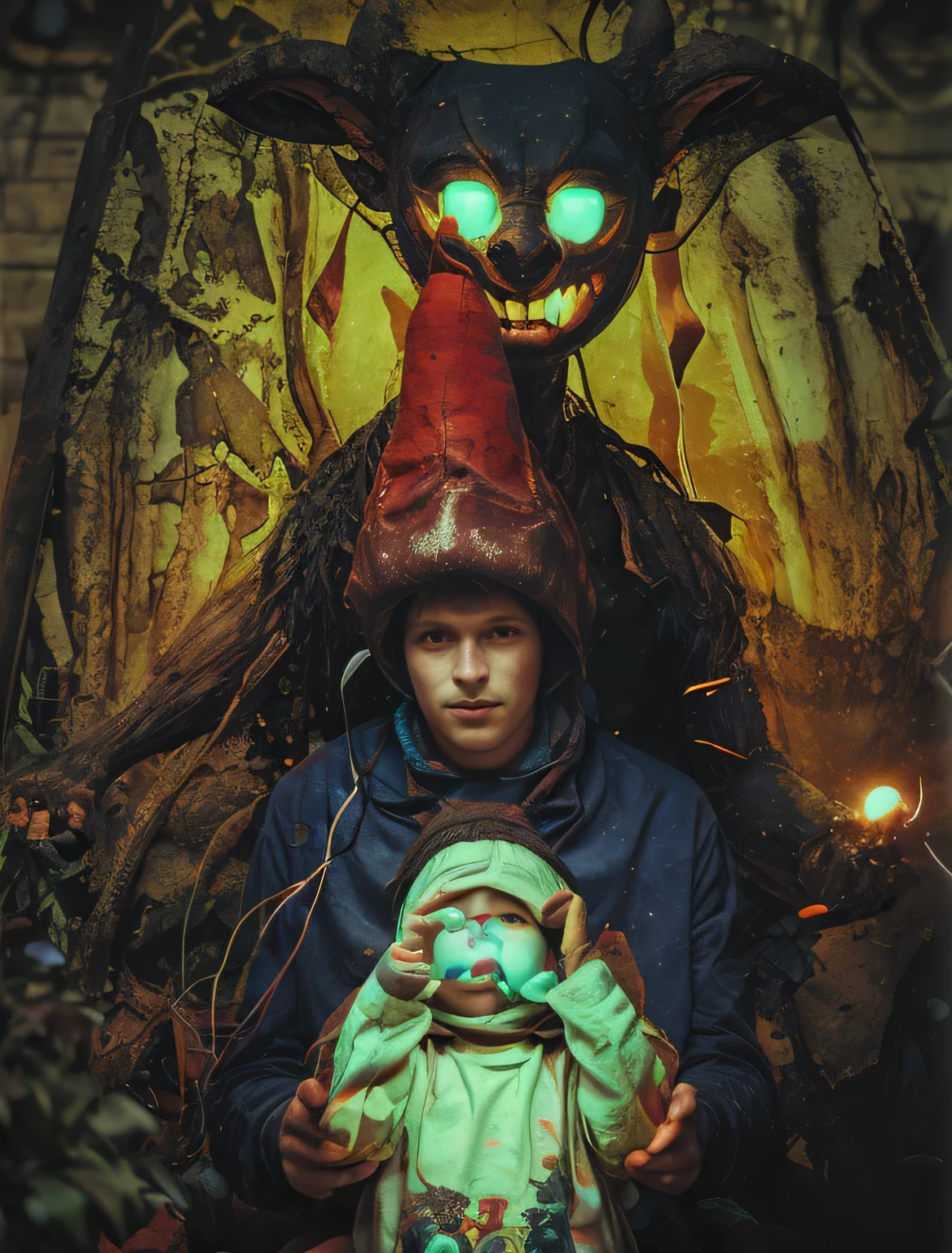 realistic version of this monter with a kid with a light in his hands 4k, realistic, full shot, cinematic, low lights
