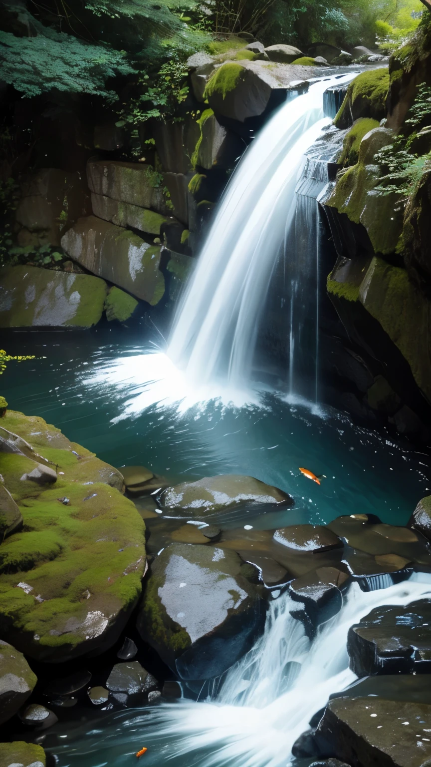 The waterfall was raging and nine fish were swimming upstream.
