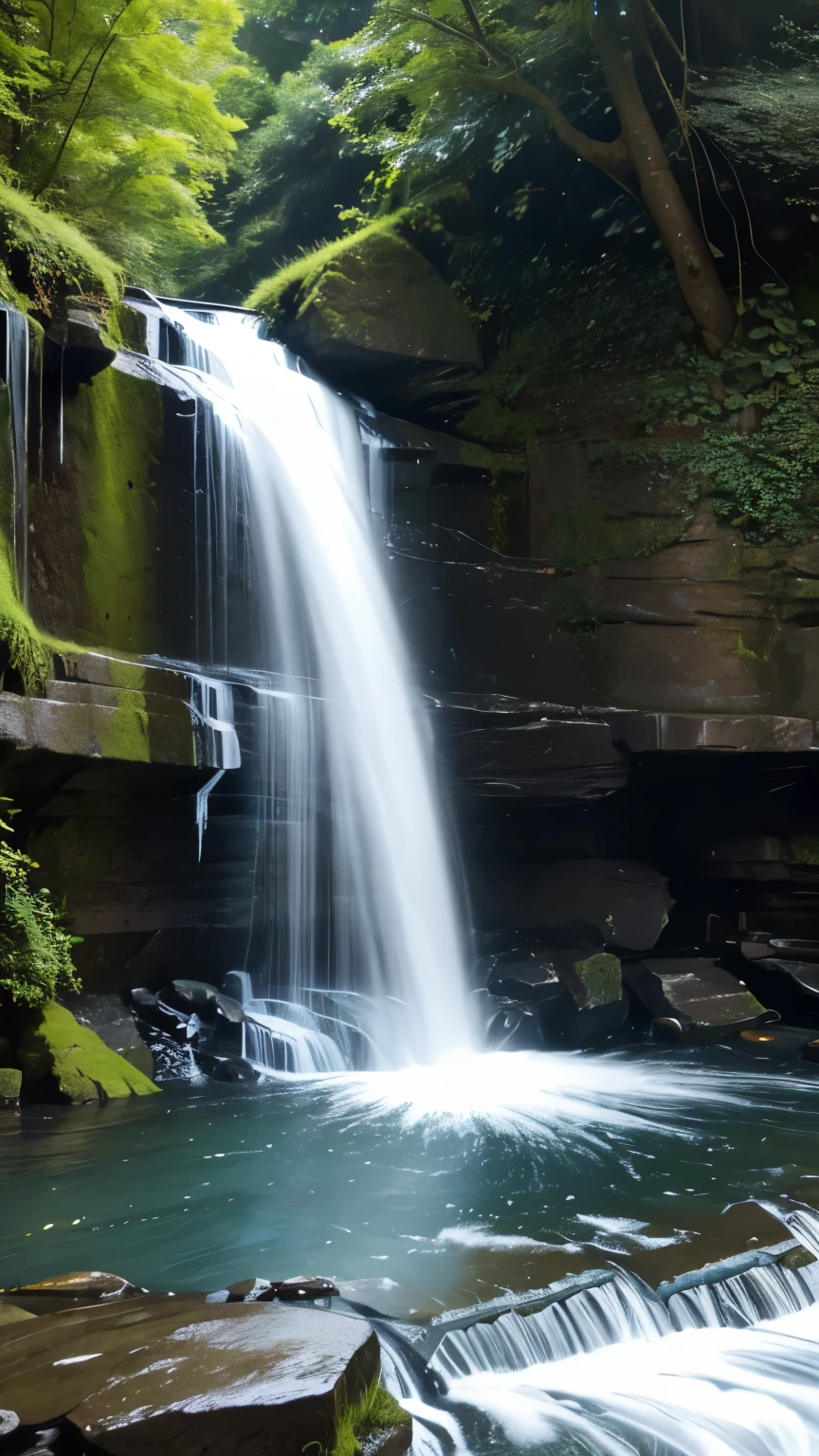 The waterfall was raging and nine fish were swimming upstream.