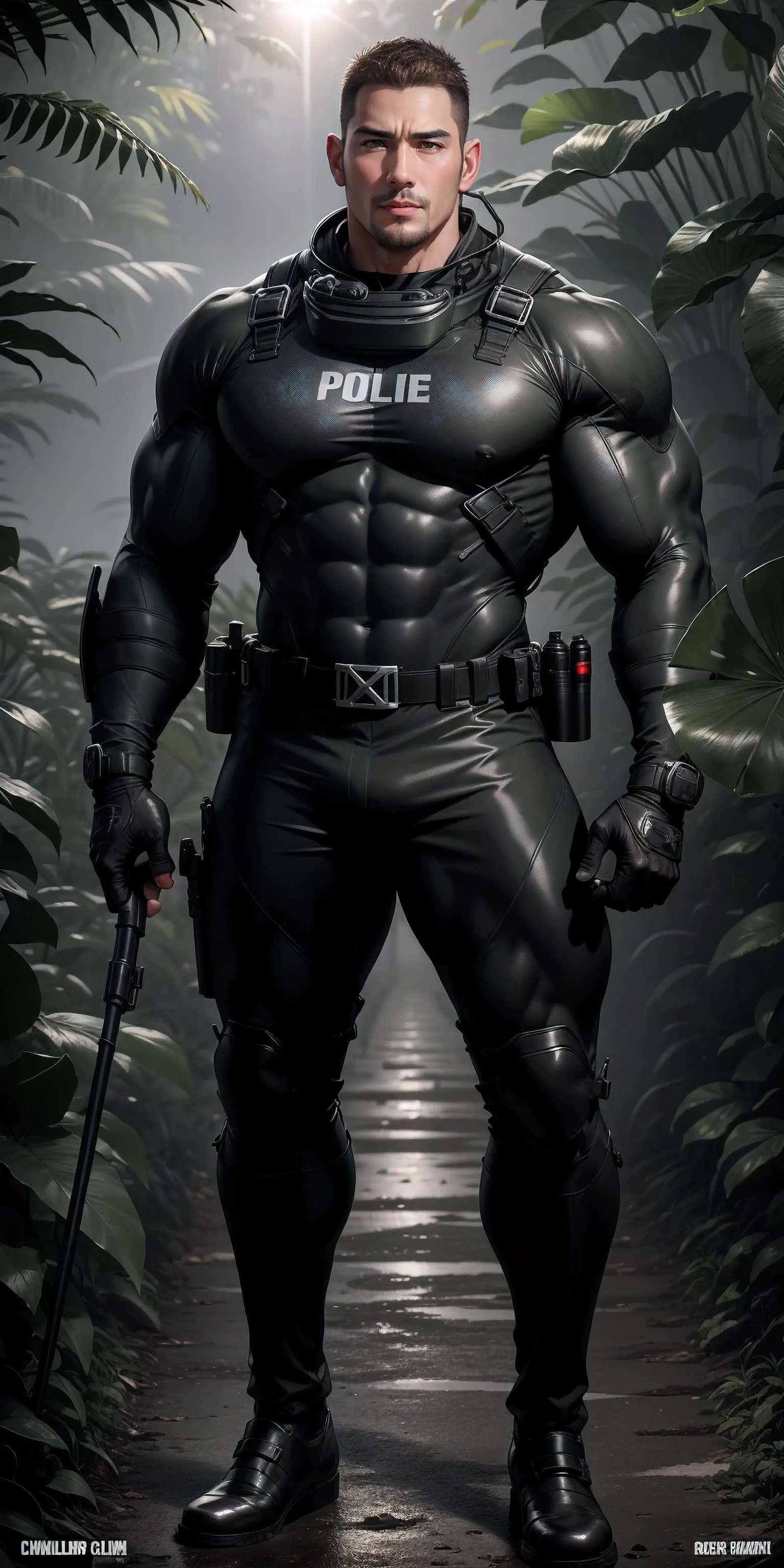 Tall giant muscular police officer.,Black and gray khaki camouflage uniform,character idea(Resident Evil - chris redfield,chris redfield)senior police officer,Wearing a black and gray khaki camouflage diving suit,matte texture,regular symmetrical texture pattern,Standing in the dark sugar cane jungle, The body is wrapped in thick rattan,sad expression,Deep and charming eyes,Emerald Pupil Hero,heroic male pose,高大burly,muscular!Charming leg muscles,High, burly, Heqiang, Wearing a black and gray khaki camouflage diving suit, Super gain and cool, high resolution committee, Big feet in black boots,Charming strong man,The bright sunshine is shining on you,matte particles,shiny texture