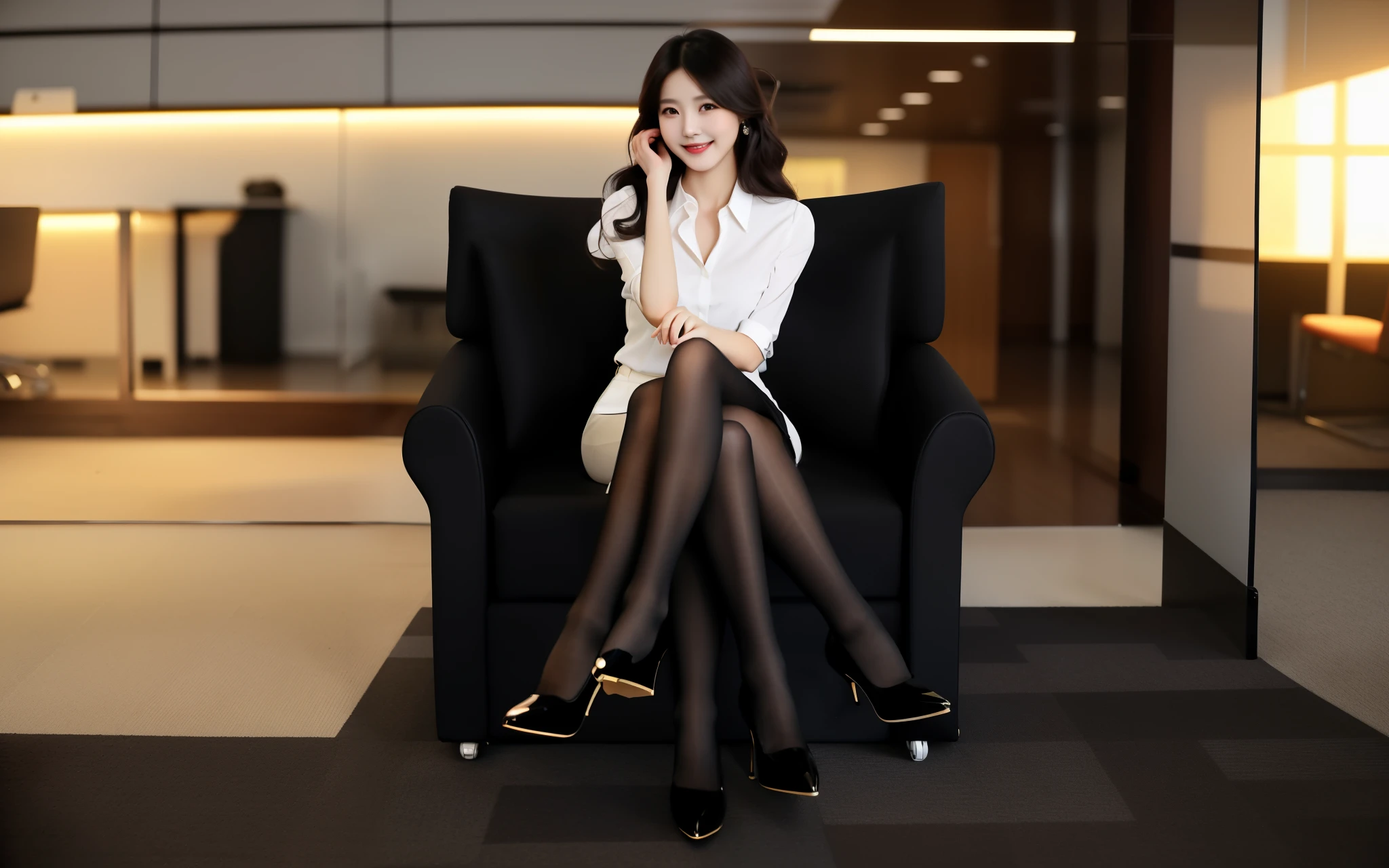 best quality, full body portrait, delicate face, pretty face, slim figure, office lady，office clothing, black pantyhose, wavy long hair，Lovely，Smile，long legs，sitting position，High heel，Mature