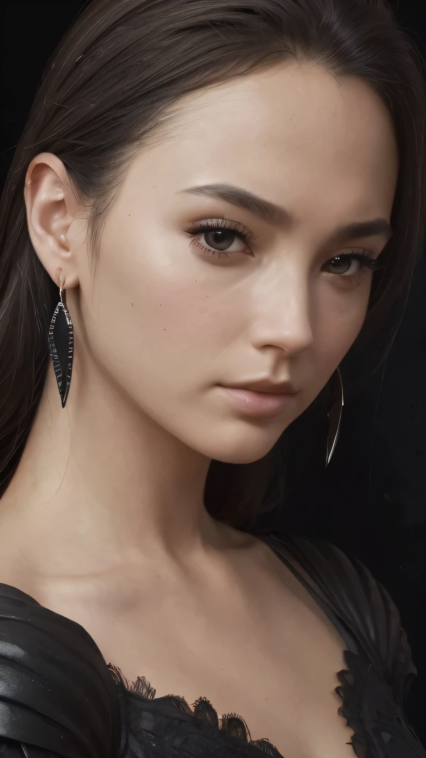 ((black background))､(((close up of face))), (model shooting style), (Highly detailed CG Unity 8K wallpaper), (world portraits&#39;The most beautiful artwork), (medieval armor), Professional majestic oil painting by Ed Blinky, liver gailan, Studio Ghibli, Author Jeremy Mann, Greg Mantis, Antonio Moro, Trends in Artstation, trending on cgsociety, Complex, high detail, sharp focus, dramatic, Realistic Painting Art by Midjourney and Greg Rutkowski､masterpiece, 最high quality, high quality, High resolution､(close up of face), ((black background))､bangs､Complexデザインのネックレス､earrings､sexy