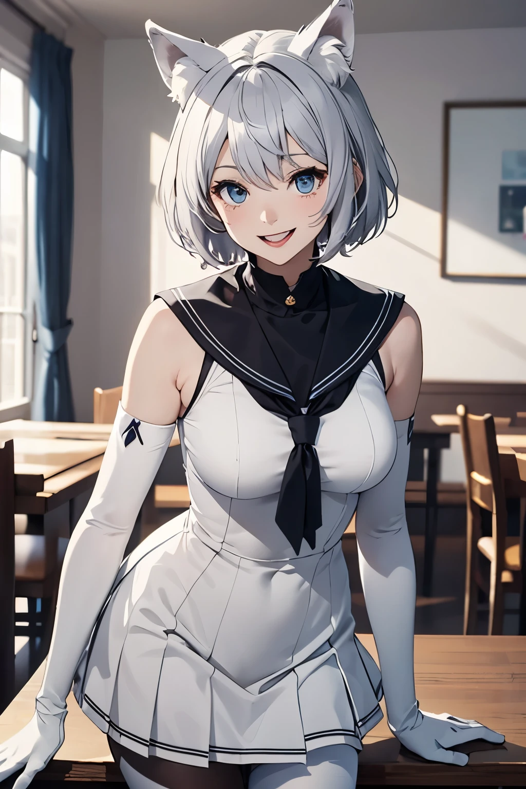 table top　High level image quality　best image quality　8K　 adult woman　Portrait　white long gloves（long gloves）　white pantyhose　sailor suit（sleeveless）　mini skirt　White wolf ears　short hair（（shortcut）（gray hair）（perm）（fluffy））　eye color is blue　Face seducing（（laughter）（smile）（open your mouth））　