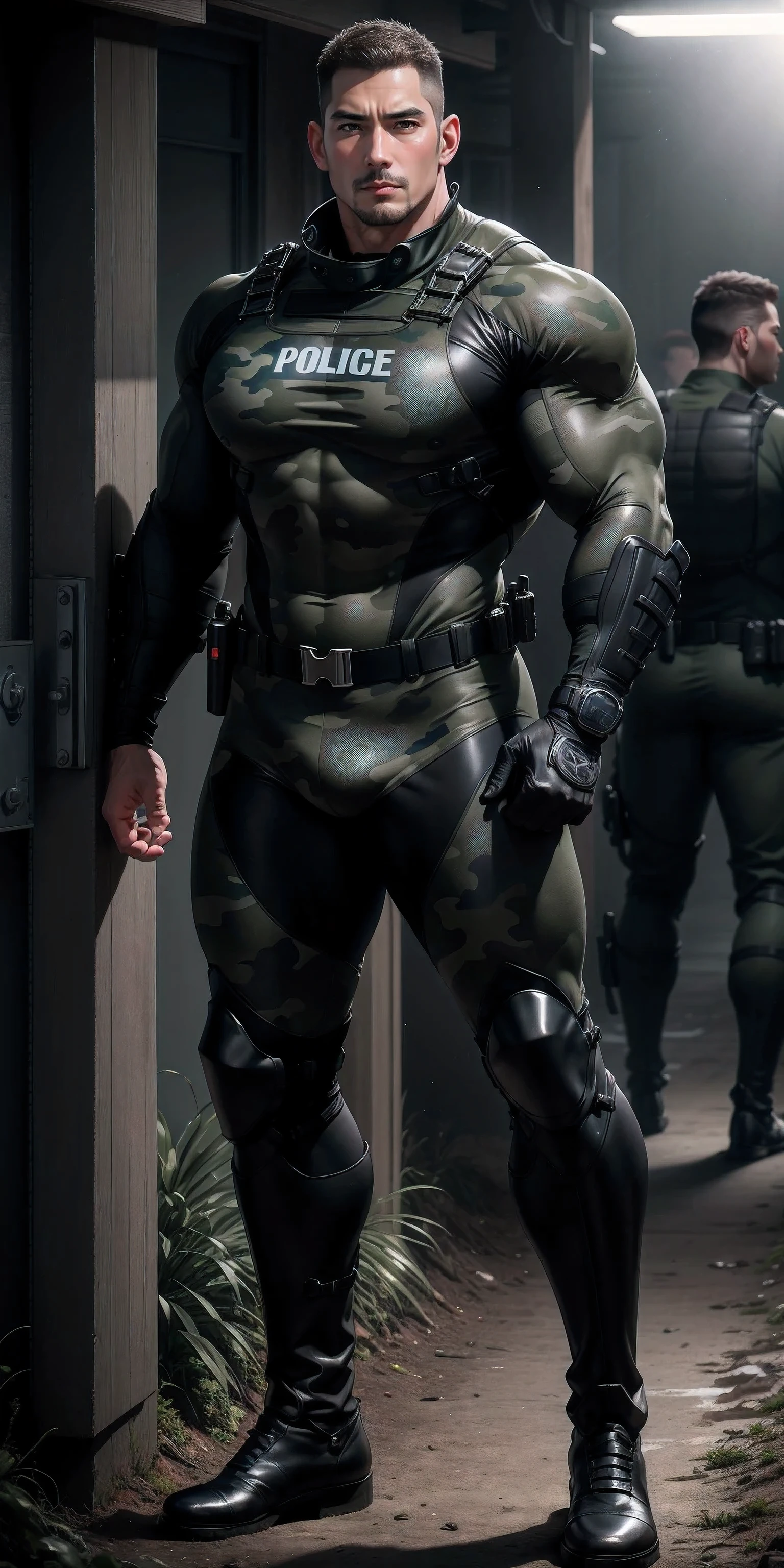 Tall giant muscular police officer.,Blue gray khaki camouflage uniform,character idea(Resident Evil - chris redfield,chris redfield)senior police officer,Wearing a black and gray khaki camouflage diving suit,matte texture,regular symmetrical texture pattern,Standing in the dark sugar cane jungle, The body is wrapped in thick rattan,sad expression,Deep and charming eyes,Emerald Pupil Hero,heroic male pose,高大burly,muscular!Charming leg muscles,High, burly, Heqiang, Wearing a black and gray khaki camouflage diving suit, Super gain and cool, high resolution committee, Big feet in black boots,Charming strong man,The bright sunshine is shining on you,matte particles,shiny texture