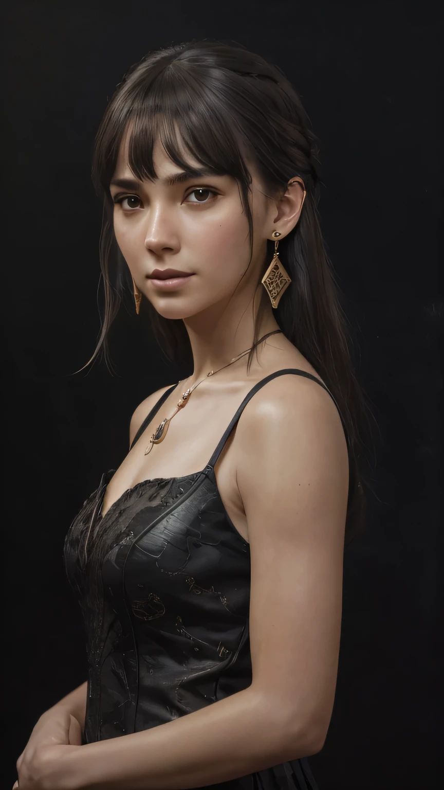 ((fond noir))､(Style de prise de vue du modèle), (Fond d&#39;écran CG Unity 8k très détaillé), (portraits du monde&#39;La plus belle œuvre d&#39;art), (Robes médiévales), peinture à l&#39;huile majestueuse professionnelle par Ed Blinky, gailan du foie, Studio Ghibli, Auteur Jeremy Mann, Greg Mantis, Antonio Moro, Tendances dans Artstation, tendances sur CGSociety, complexe, détail élevé, Netteté, spectaculaire, Art de peinture réaliste par Midjourney et Greg Rutkowski､chef-d&#39;œuvre, 最Haute qualité, Haute qualité, haute résolution､(gros plan du visage), ((fond noir))､gros seins､clivage､frange､collier､des boucles d&#39;oreilles