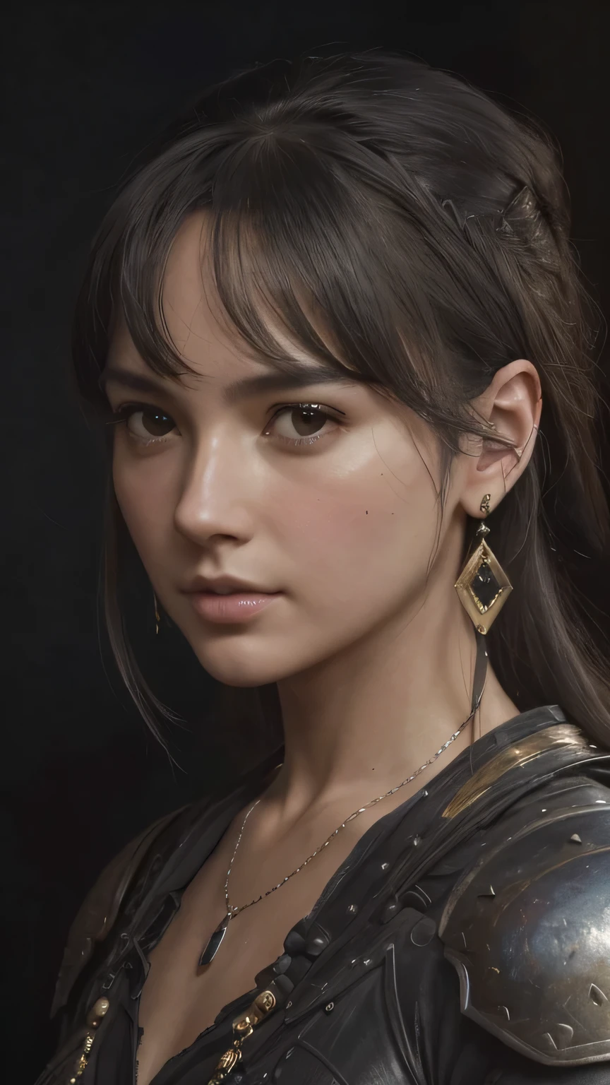 ((black background))､(model shooting style), (Highly detailed CG Unity 8K wallpaper), (world portraits&#39;The most beautiful artwork), (medieval armor), Professional majestic oil painting by Ed Blinky, liver gailan, Studio Ghibli, Author Jeremy Mann, Greg Mantis, Antonio Moro, Trends in Artstation, trending on cgsociety, Complex, high detail, sharp focus, dramatic, Realistic Painting Art by Midjourney and Greg Rutkowski､masterpiece, 最high quality, high quality, High resolution､(close up of face), ((black background))､bangs､necklace､earrings､