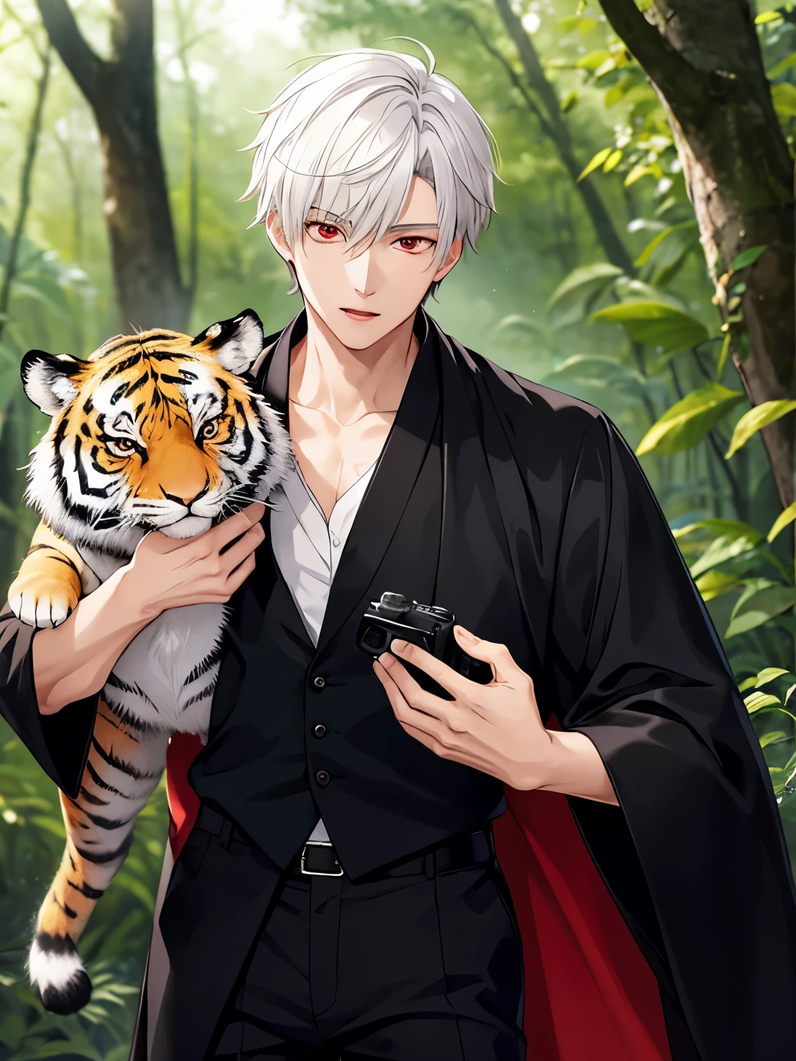 1boy,cute,Bringing the tiger,in the forest,close up camera,focus on face,handsome,short hair, straight hair, white hair,black shirt, black trousers, black robe, red eyes, vampire