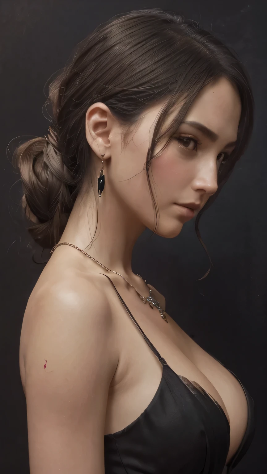 ((black background))、(model shooting style), (Highly detailed CG Unity 8K wallpaper), (world portraits'The most beautiful artwork), (Medieval dresses), Professional majestic oil painting by Ed Blinky, liver gailan, Studio Ghibli, Author Jeremy Mann, Greg Mantis, Antonio Moro, Trends in Artstation, trending on cgsociety, Complex, high detail, sharp focus, dramatic, Realistic Painting Art by Midjourney and Greg Rutkowski、masterpiece, 最high quality, high quality, High resolution、(close up of face), ((black background))、big breasts、cleavage、bangs、necklace、earrings、(close up of face),
