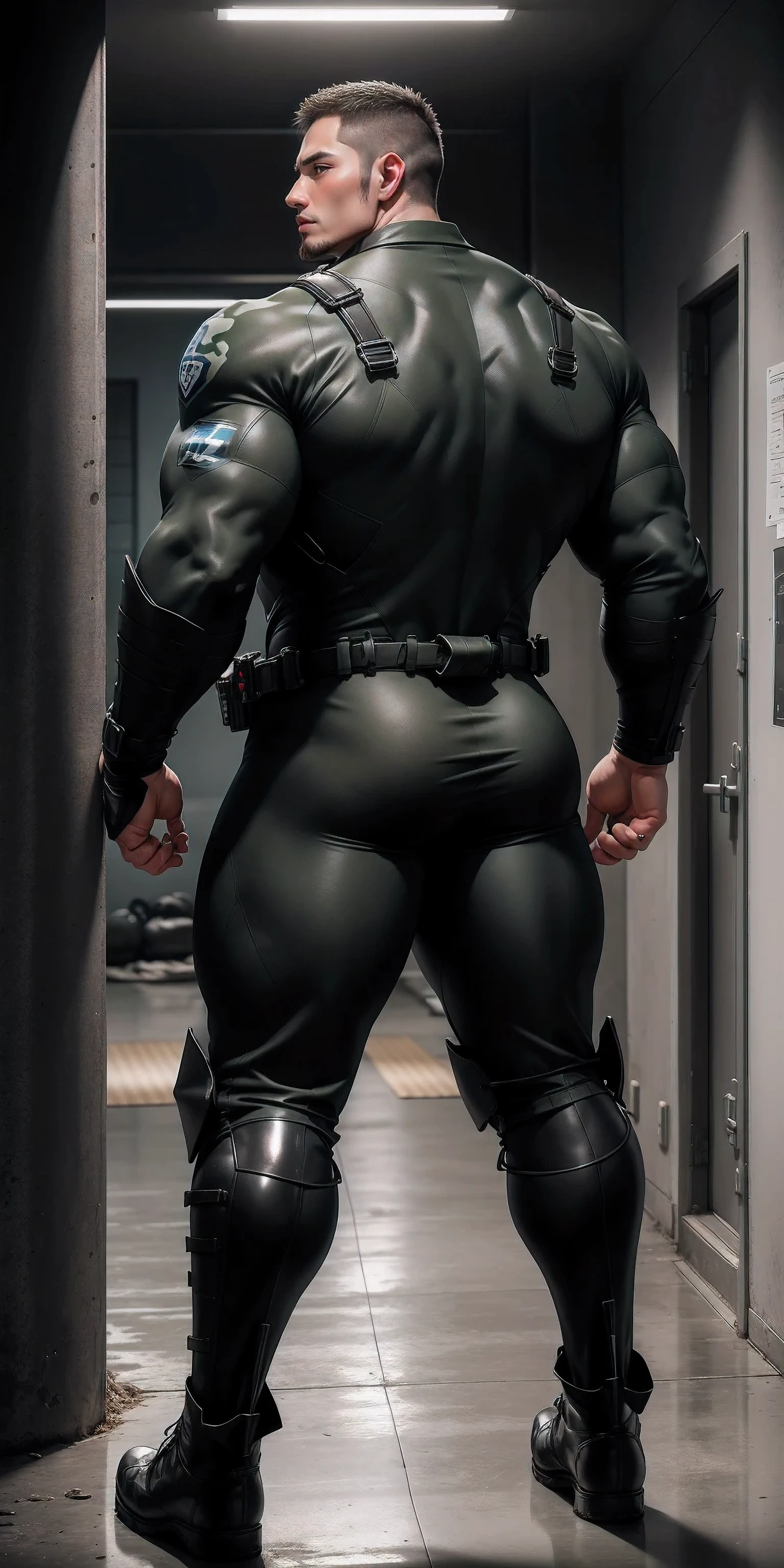 Tall giant muscular police officer back view.,Blue gray khaki camouflage uniform,Stick to the wall and hug the wall,Plump and rounded buttocks,character idea(Resident Evil - chris redfield,chris redfield)senior police officer,Wearing a black and gray khaki camouflage diving suit,matte texture,regular symmetrical texture pattern,Standing in the dark sugar cane jungle, The body is wrapped in thick rattan,sad expression,Deep and charming eyes,Emerald Pupil Hero,heroic male pose,高大burly,muscular!Charming leg muscles,High, burly, Heqiang, Wearing a black and gray khaki camouflage diving suit, Super gain and cool, high resolution committee, Big feet in black boots,Charming strong man,The bright sunshine is shining on you,matte particles,shiny texture