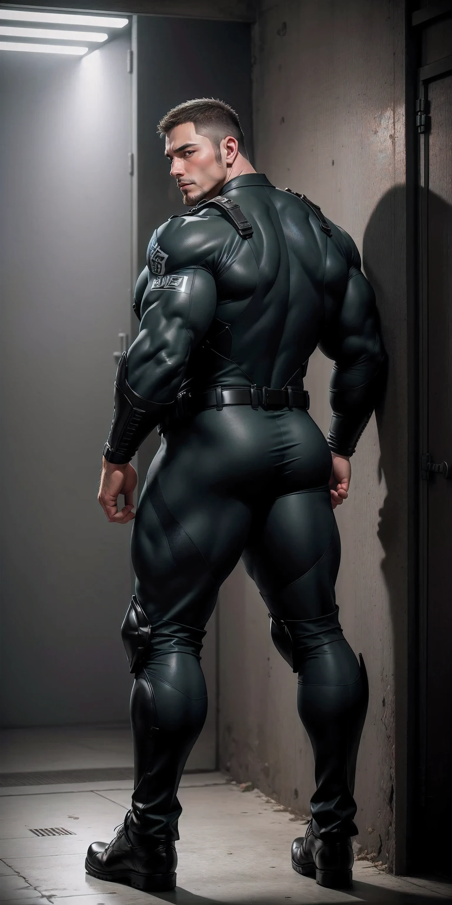 Tall giant muscular police officer back view.,Blue gray khaki camouflage uniform,Stick to the wall and hug the wall,Plump and rounded buttocks,character idea(Resident Evil - chris redfield,chris redfield)senior police officer,Wearing a black and gray khaki camouflage diving suit,matte texture,regular symmetrical texture pattern,Standing in the dark sugar cane jungle, The body is wrapped in thick rattan,sad expression,Deep and charming eyes,Emerald Pupil Hero,heroic male pose,高大burly,muscular!Charming leg muscles,High, burly, Heqiang, Wearing a black and gray khaki camouflage diving suit, Super gain and cool, high resolution committee, Big feet in black boots,Charming strong man,The bright sunshine is shining on you,matte particles,shiny texture