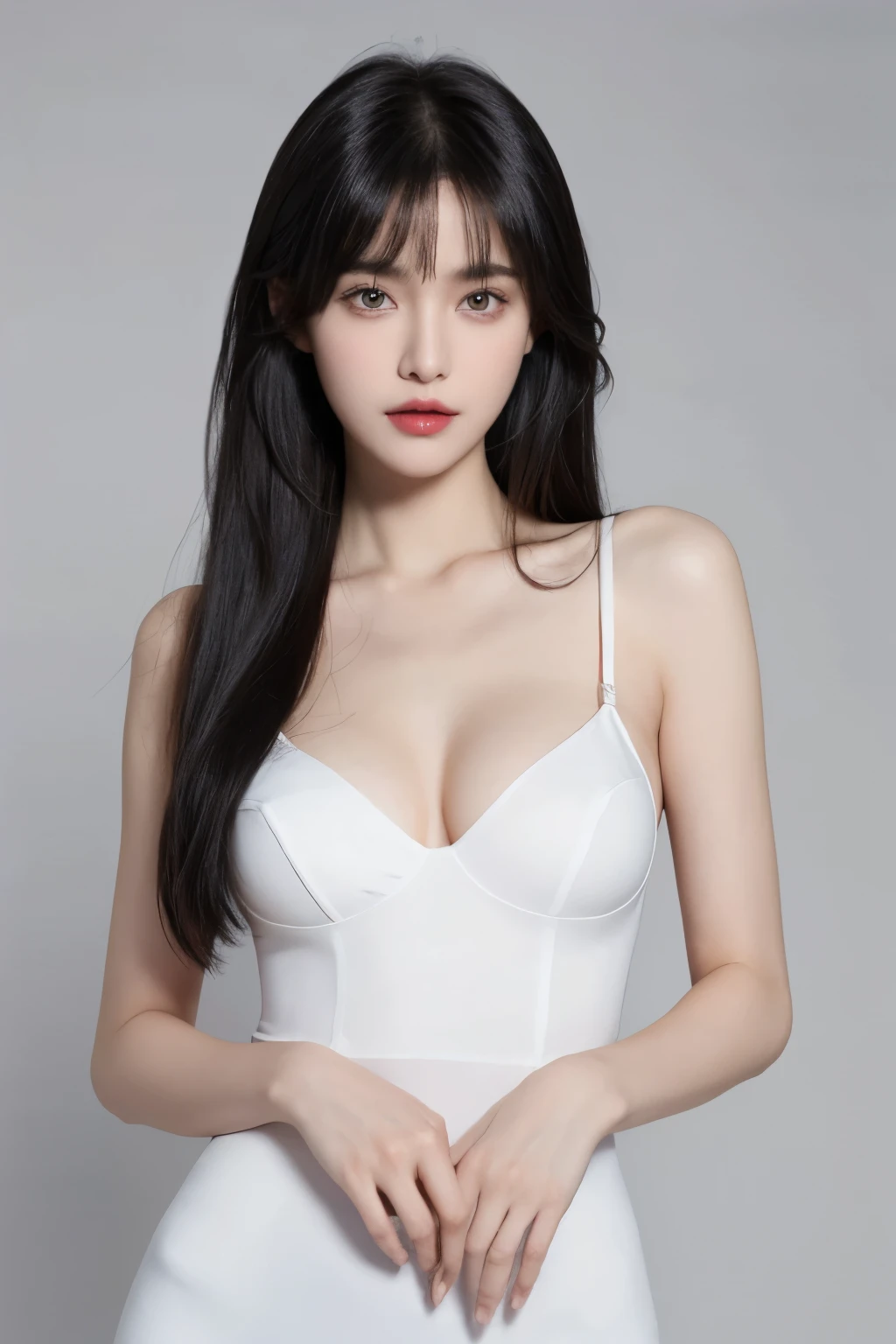 （lifelike,high resolution：1.3）， A slim girl， The face shape and eyes are super delicate,black hair,red glossy lips,(beautiful face), (best quality), (Super detailed), (Extremely detailed CG unified 8k wallpaper),((backlessoutfit)),(White background),(A little cleavage),(Model photo),sexy look,big eyes,(standing),(air bangs),(Slim waistline)，Eyes look at the audience,Teardrop-shaped breasts,soft breasts,very realistic breasts,The character is centered,black hair,Pitiful expression