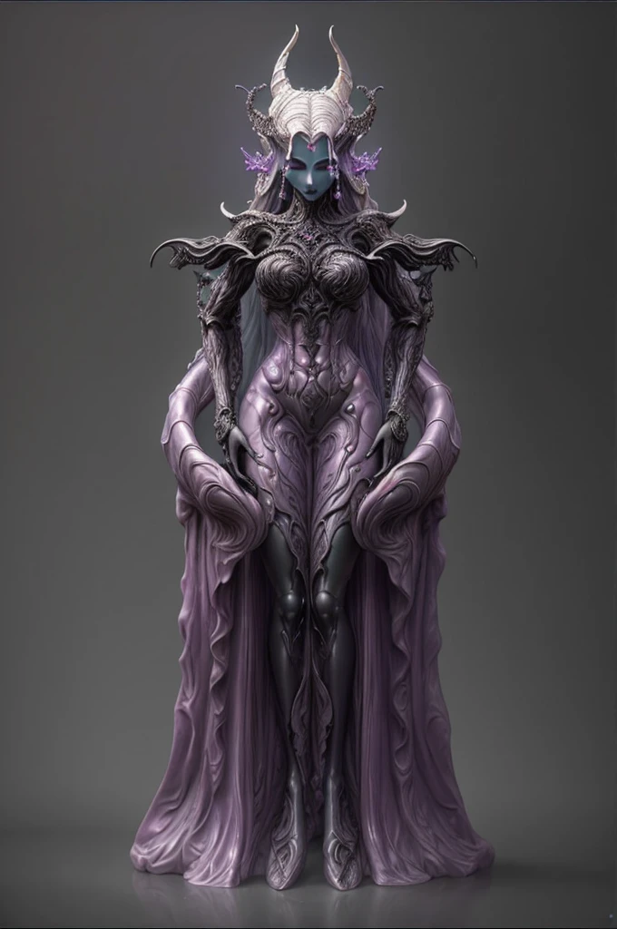 a statue of a woman in a purple dress, hyperdetailed fantasy character, hg giger flora borsi, dark sorceress full view, resin statue, beautiful elegant demon queen, lolth, intricate costume design, sculpture of cate blanchett, baroque vaporwave statue, complex fantasy character, beautiful dark elf countess, diablo 4 queen, highly detailed sculpture