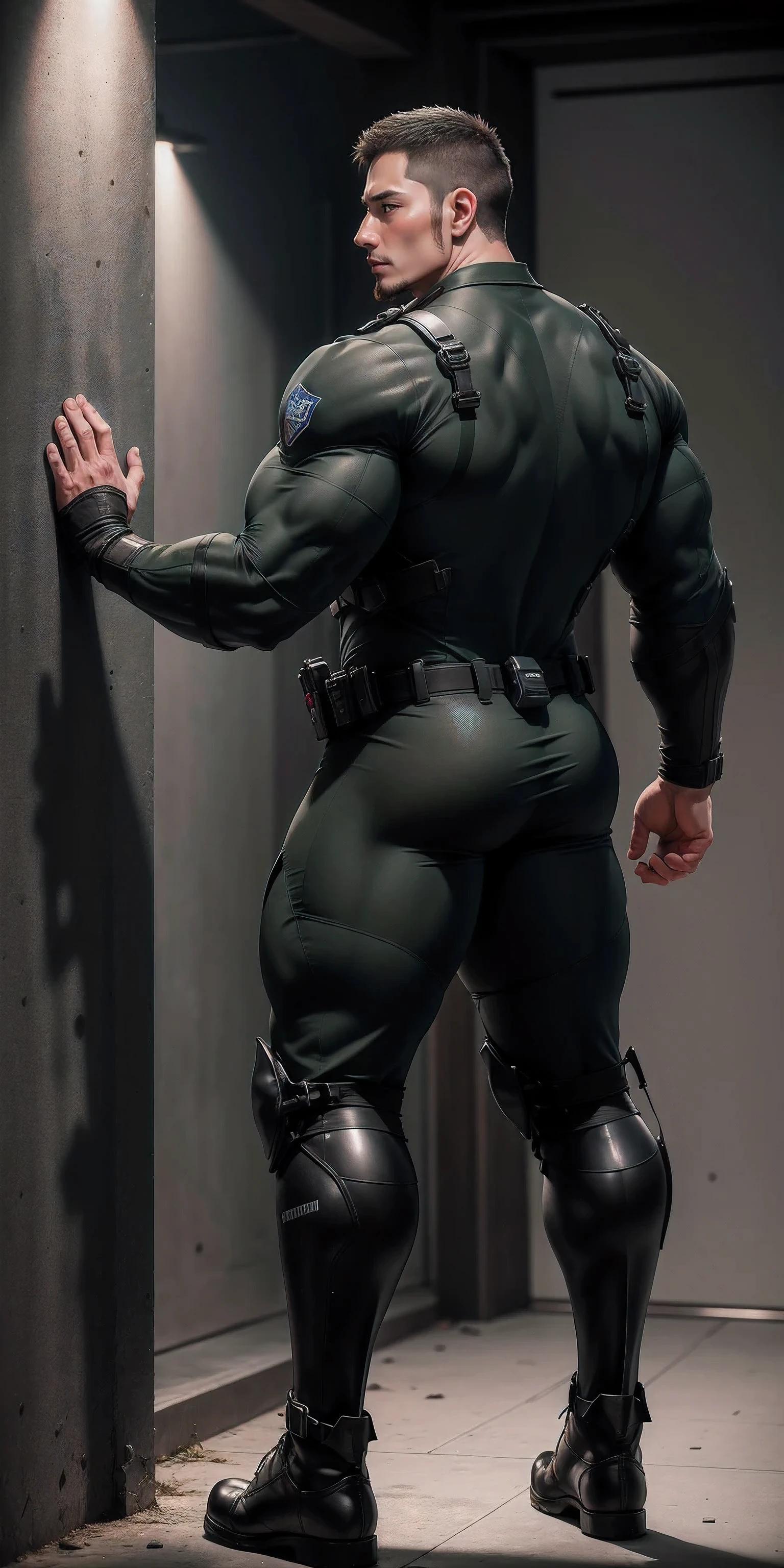 Tall giant muscular police officer back view.,Blue gray khaki camouflage uniform,Stick to the wall and hug the wall,Straighten your hips,character idea(Resident Evil - chris redfield,chris redfield)senior police officer,Wearing a black and gray khaki camouflage diving suit,matte texture,regular symmetrical texture pattern,Standing in the dark sugar cane jungle, The body is wrapped in thick rattan,sad expression,Deep and charming eyes,Emerald Pupil Hero,heroic male pose,高大burly,muscular!Charming leg muscles,High, burly, Heqiang, Wearing a black and gray khaki camouflage diving suit, Super gain and cool, high resolution committee, Big feet in black boots,Charming strong man,The bright sunshine is shining on you,matte particles,shiny texture