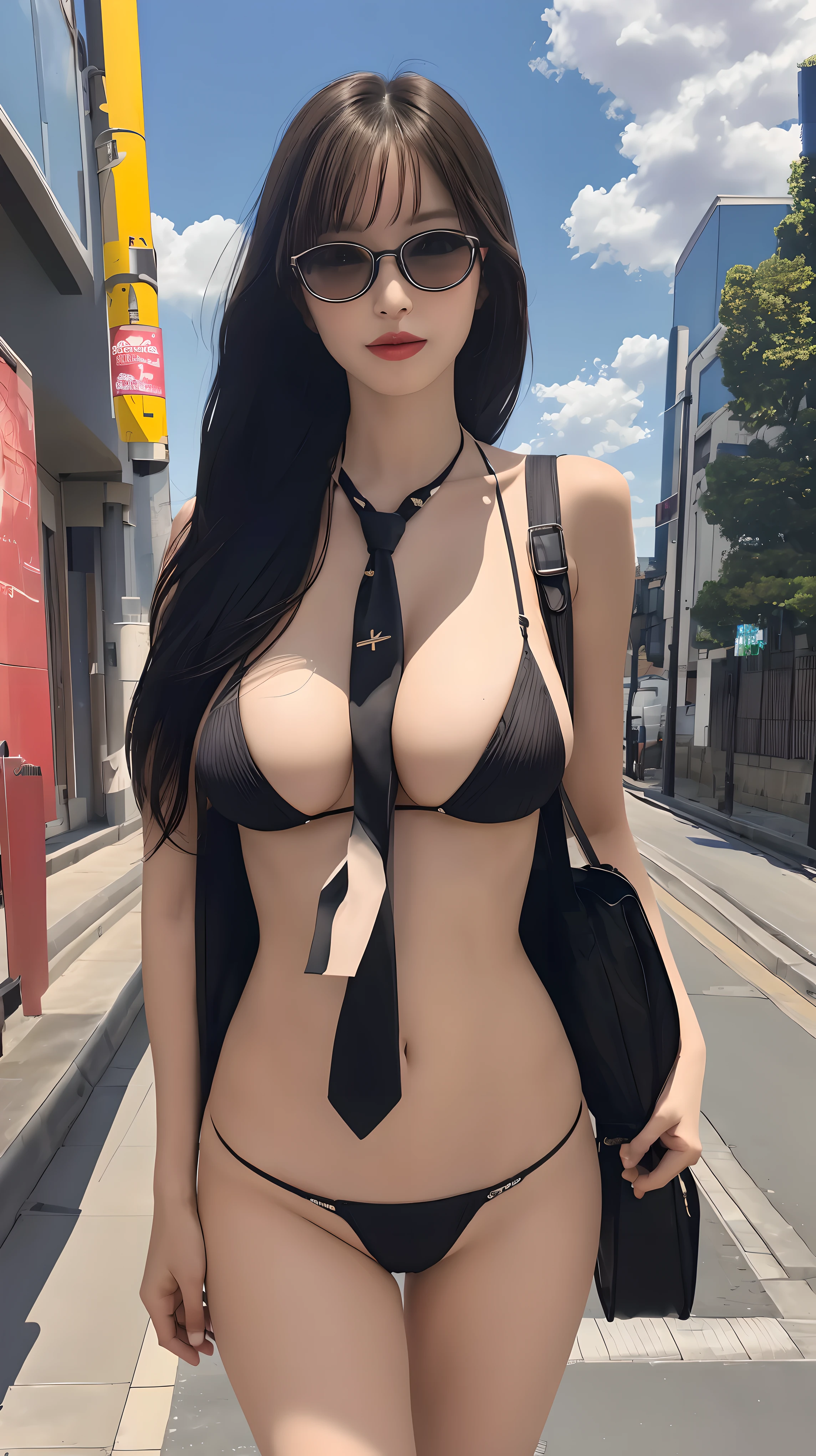 masterpiece, best quality, ultra-detailed, illustration,, (paisura:1.4), 1girl, glasses, big breasts, necktie, skimpy g-string, bag, sexy extreme micro thin microkini outfit , black hair, outdoors, road, between breasts, street, school bag, ground vehicle, danchi, japan,, slender body