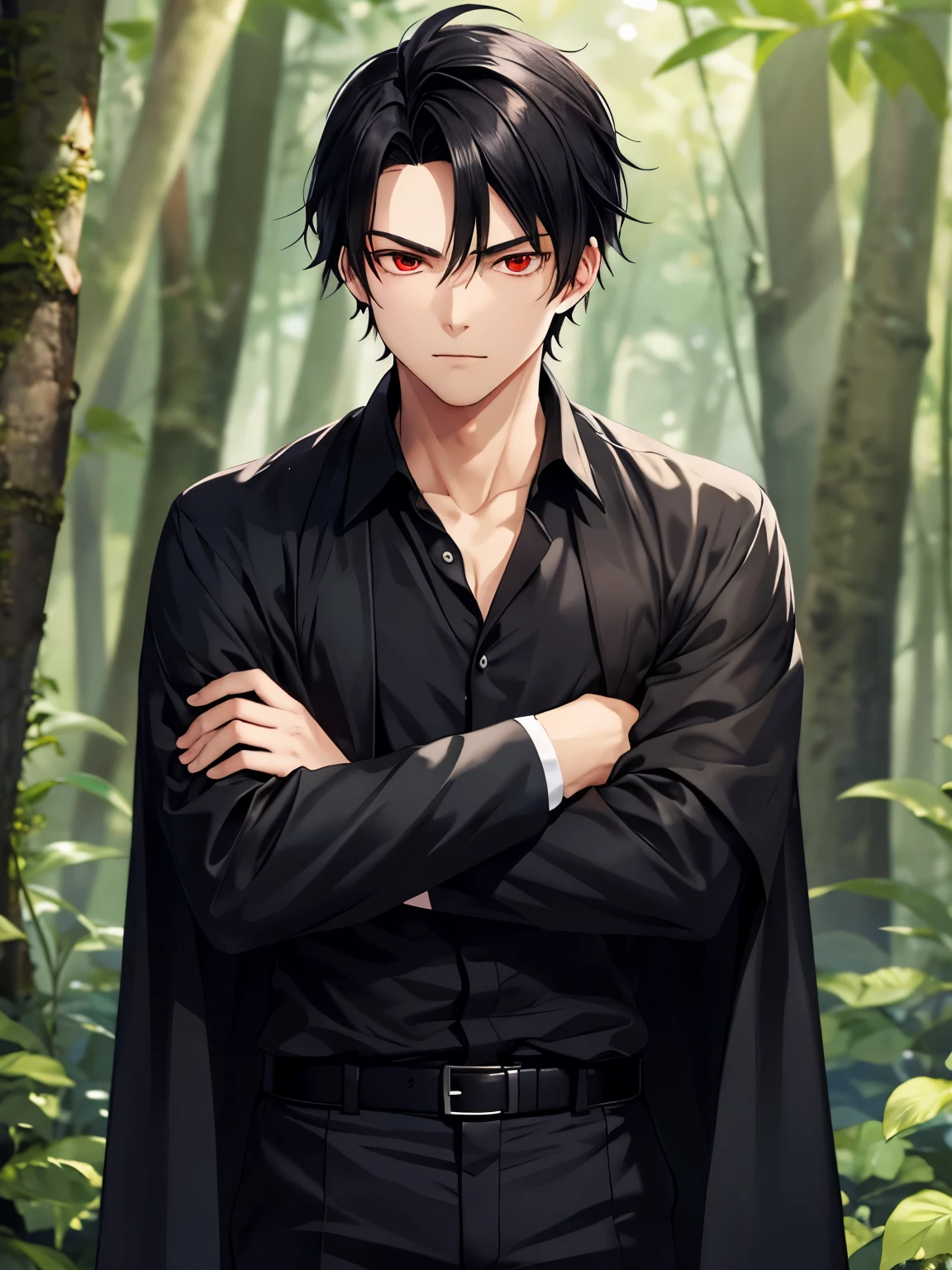 1boy,cool,Stand with your arms crossed,side parted hairstyle,in the forest,close up,handsome,medium hair,black hair,black shirt, black trousers, black robe, red eyes, vampire