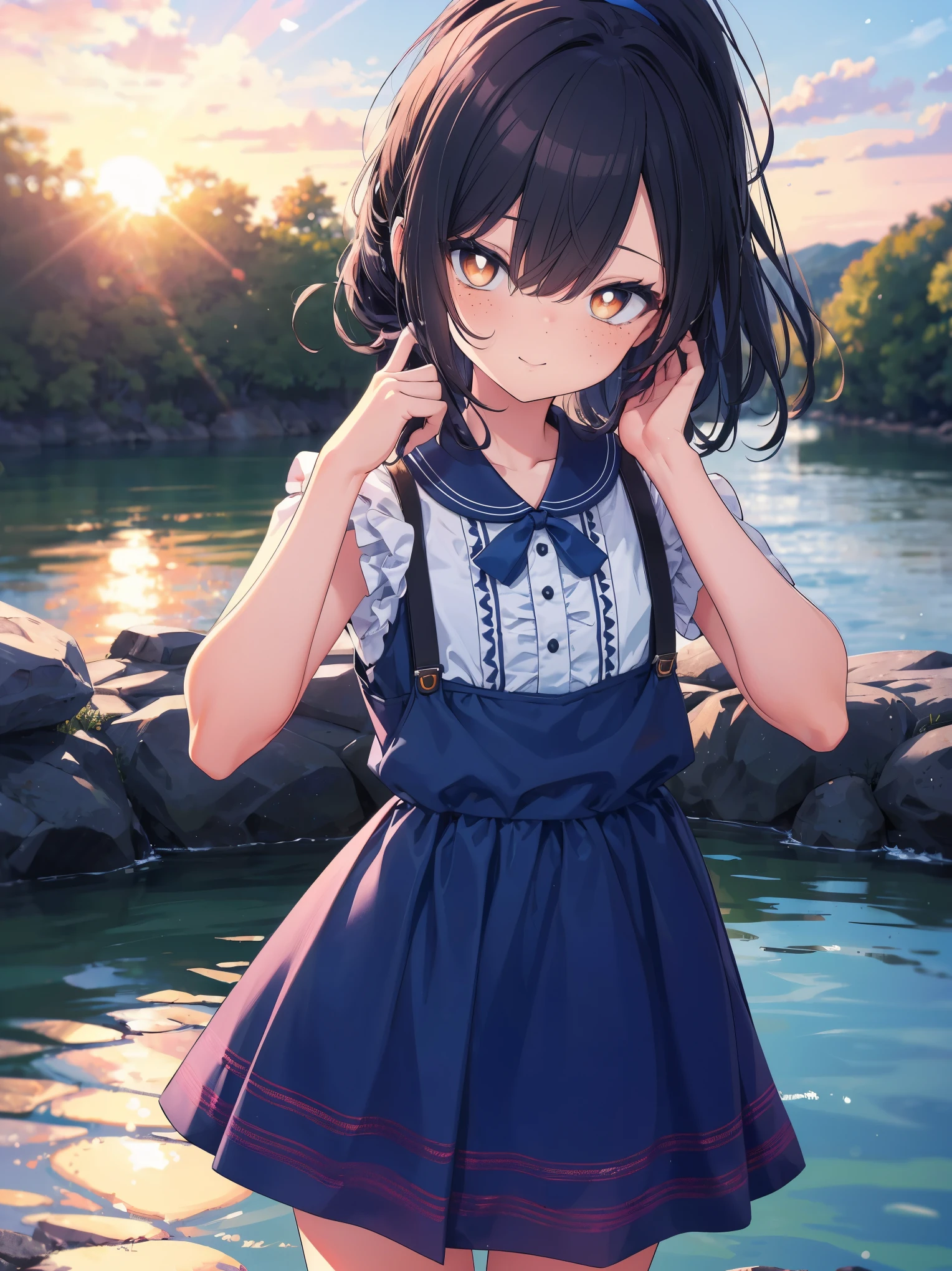 (cowboy shot), (best quality, ultra-high resolution, depth of field:1.2), beautiful face, freckles, (femboy), feminine, 1male, adult, (flat chest), (dark blue hair), ponytail, (orange eyes), bright pupils, (wearing a blue summer dress), river scenery, sunset, (winking:1.2), gentle smile, slightly bending forward, facing to the camera