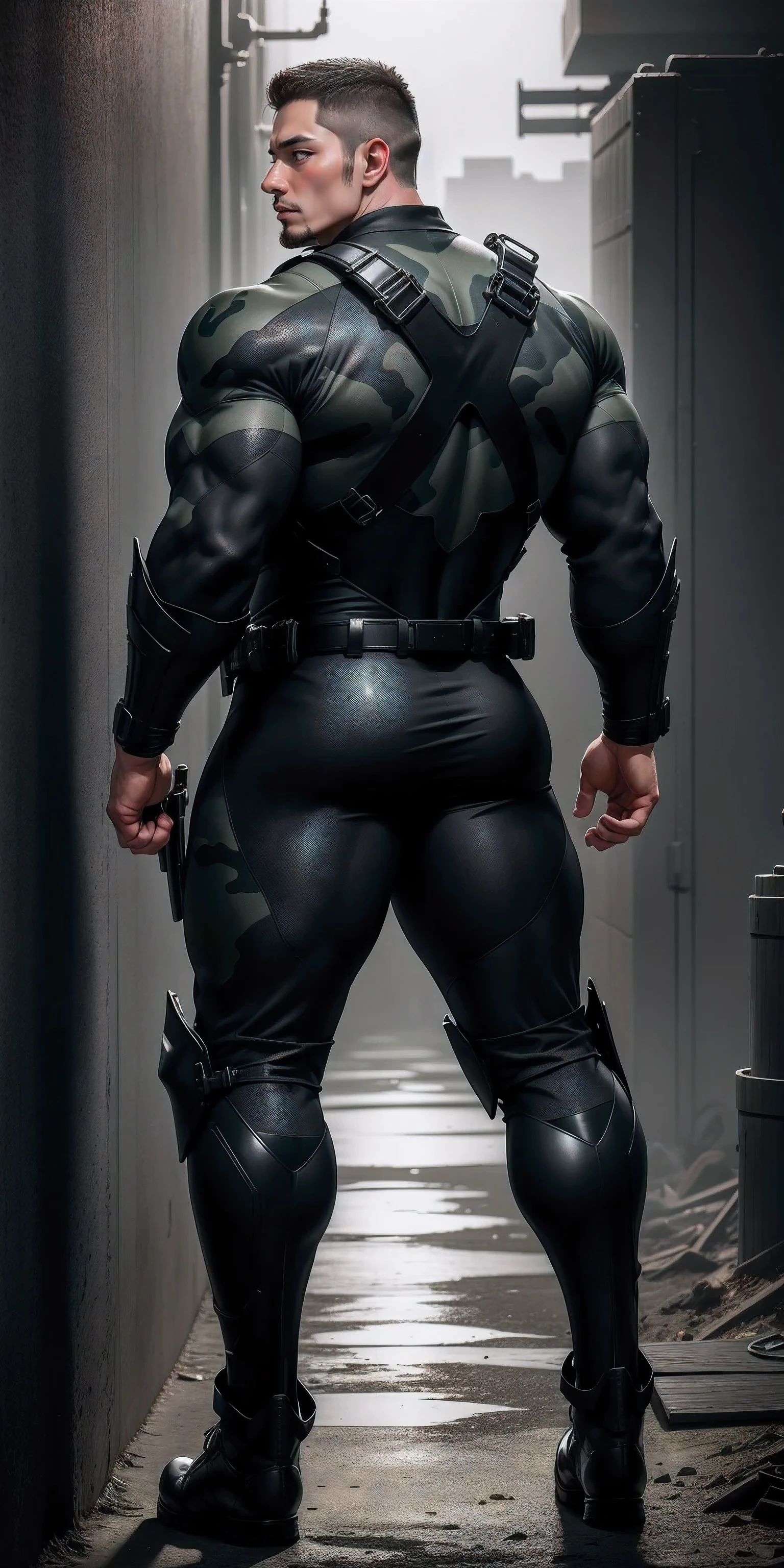 Tall giant muscular police officer back view.,Blue gray khaki camouflage uniform,Stick to the wall and hug the wall,Straighten your hips,character idea(Resident Evil - chris redfield,chris redfield)senior police officer,Wearing a black and gray khaki camouflage diving suit,matte texture,regular symmetrical texture pattern,Standing in the dark sugar cane jungle, The body is wrapped in thick rattan,sad expression,Deep and charming eyes,Emerald Pupil Hero,heroic male pose,高大burly,muscular!Charming leg muscles,High, burly, Heqiang, Wearing a black and gray khaki camouflage diving suit, Super gain and cool, high resolution committee, Big feet in black boots,Charming strong man,The bright sunshine is shining on you,matte particles,shiny texture