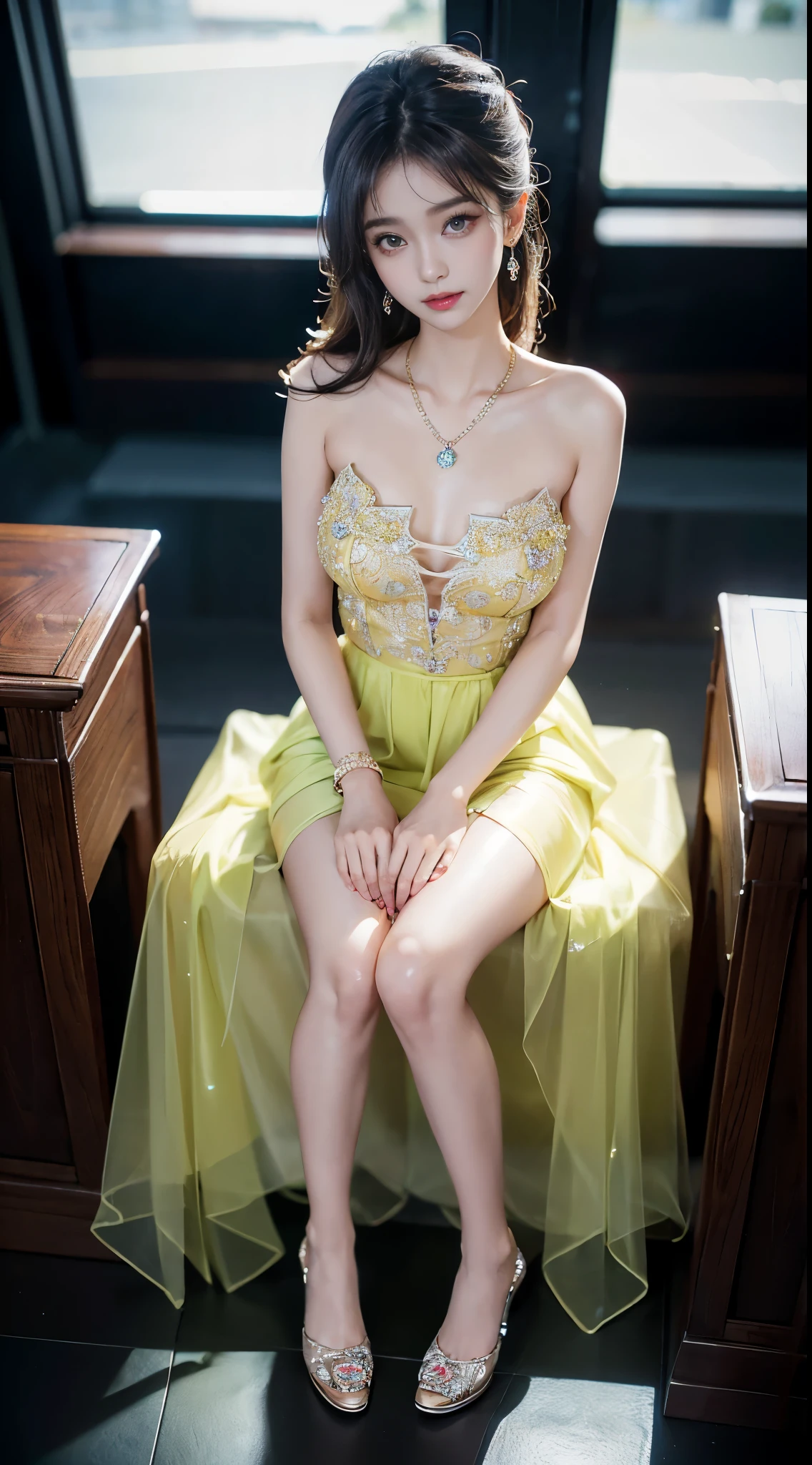 Sweet girl clothes9,yellow dress, ((full body)), ((Shot from a random perspective)), ((sitting position)), ((in the classroom, Sit at the lectern)), (yushuxin,1girl,solo), clear face, pretty face, 8k, masterpiece, original photo, best quality, detail:1.2,lifelike, detail, Very detailed, CG, unified, wallpapers, depth of field, movie light, lens flare, Ray tracing, (extremely beautiful face, beautiful lips, beautiful eyes), intricate, detail的脸, ((ultra detailed skin)), 1 girl, in the darkness, deep shadow, beautiful korean girl, kpop idol,(Very slim figure:1.3), A plump chest, Large breasts, Slender sexy legs, Very nice legs, elegant posture, (bright smile), (City night, (neon lights), (night), beautiful korean girl, white diamond earrings, Diameter bracelet, Dia necklace, clear eyes, (big eyes)