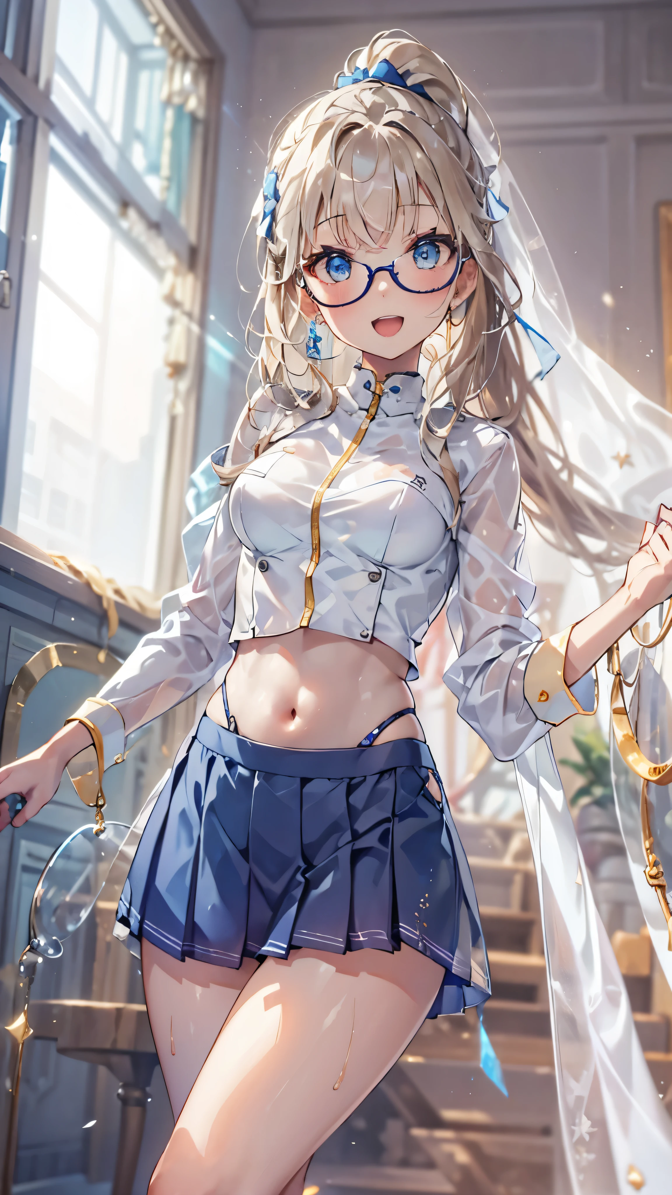 woman,14 years old,Research room(((white and blue tight miniskirt bodysuit))),,open mouth smile((See-through))Glasses,((Beautiful long ponytail)),((baby girl body shape))((blonde))