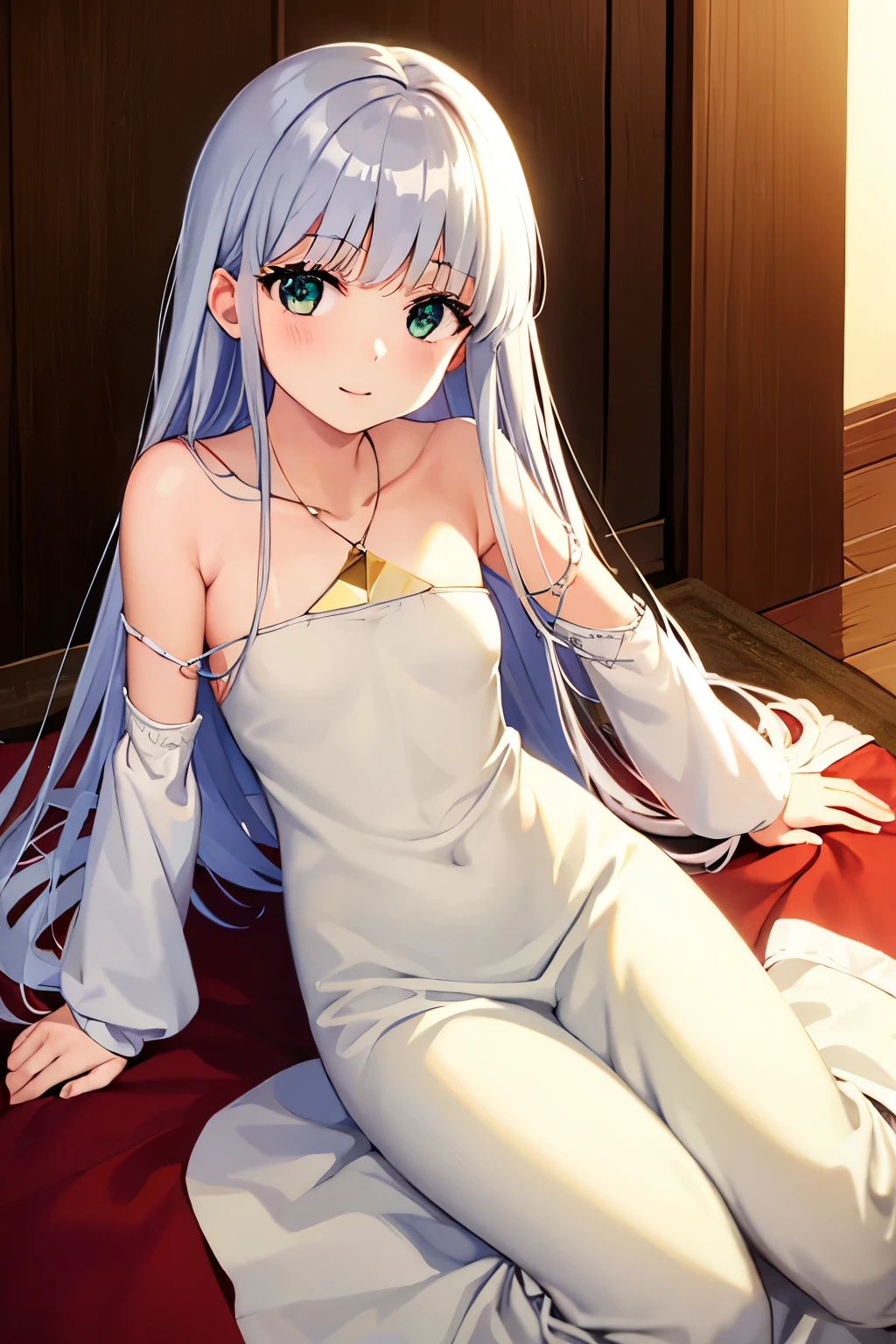 Long silver hair, green eyes, headband, necklace, arabian clothes, flat chest, smile, happy,, beautiful thighs, inside house
